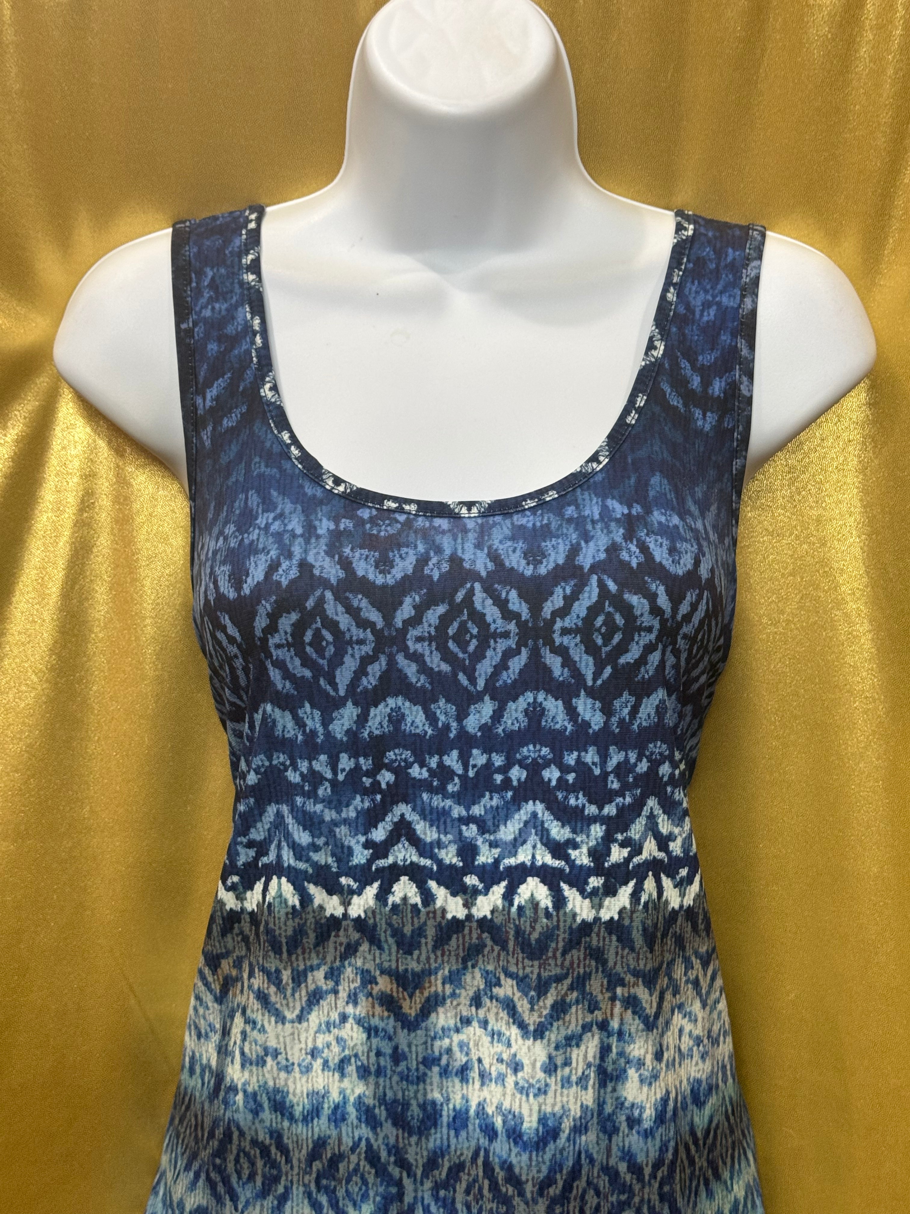 Karen Kane Blue Ikat Sleeveless Layered Chiffon Hem Top Size Large Made in USA