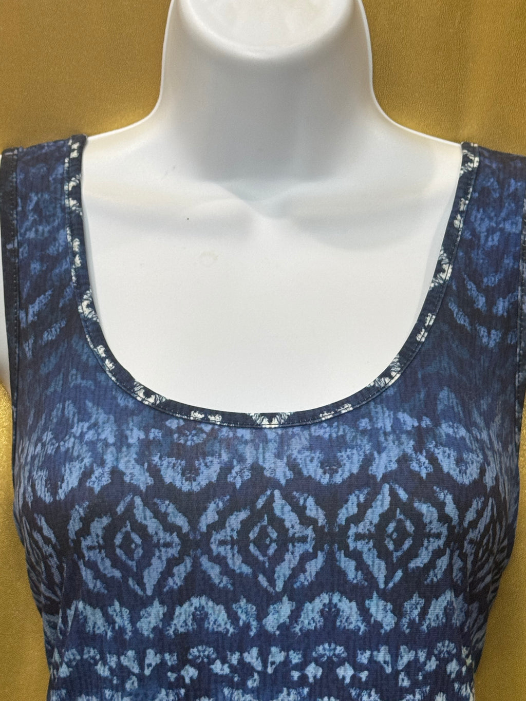 Karen Kane Blue Ikat Sleeveless Layered Chiffon Hem Top Size Large Made in USA