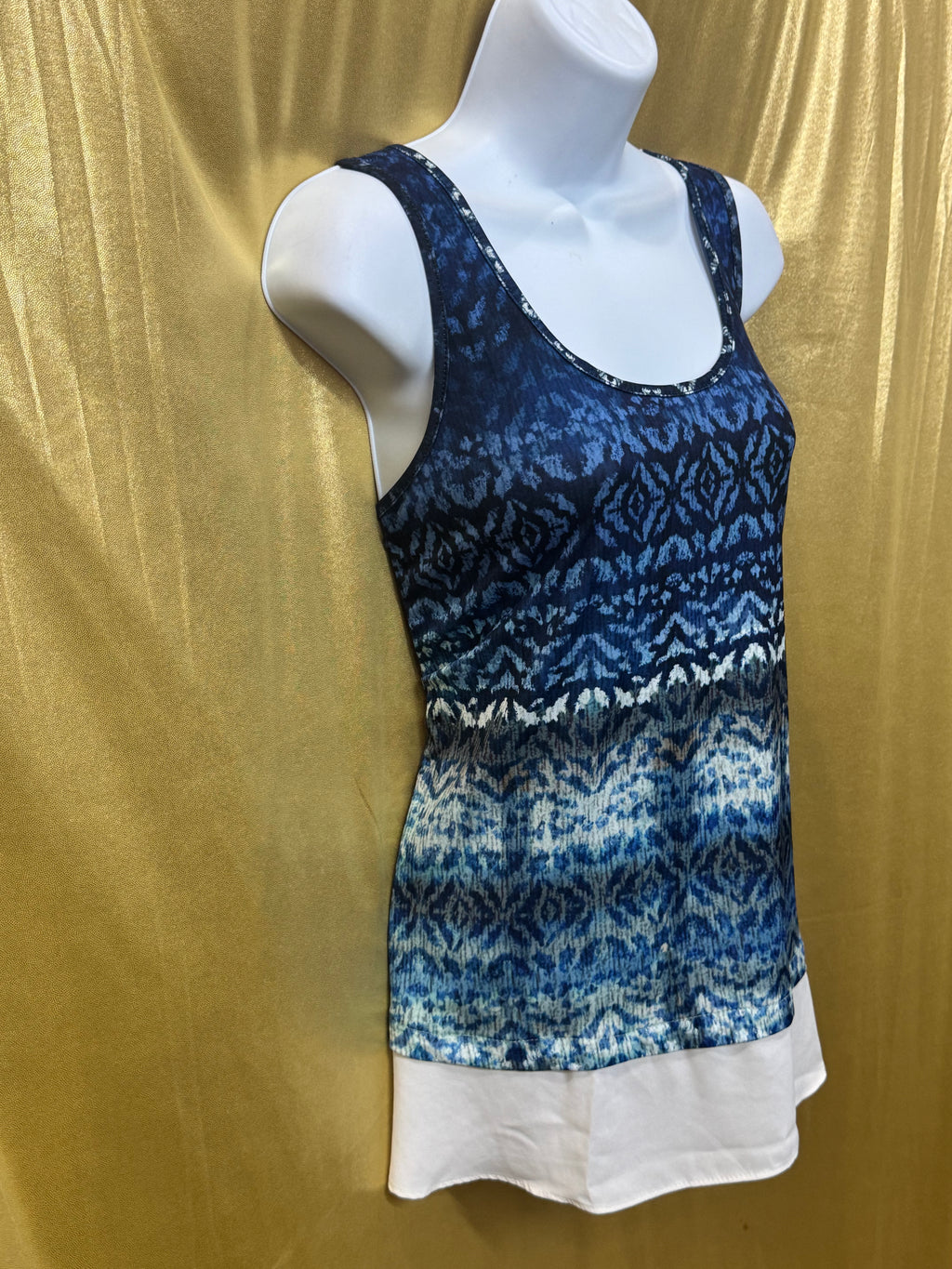 Karen Kane Blue Ikat Sleeveless Layered Chiffon Hem Top Size Large Made in USA
