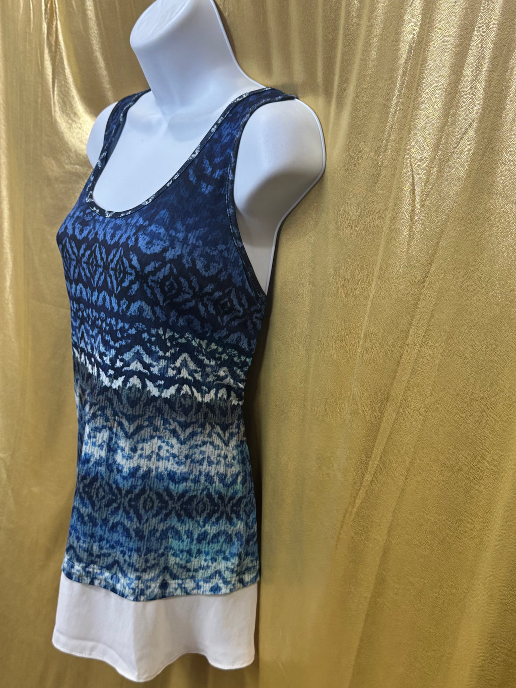 Karen Kane Blue Ikat Sleeveless Layered Chiffon Hem Top Size Large Made in USA