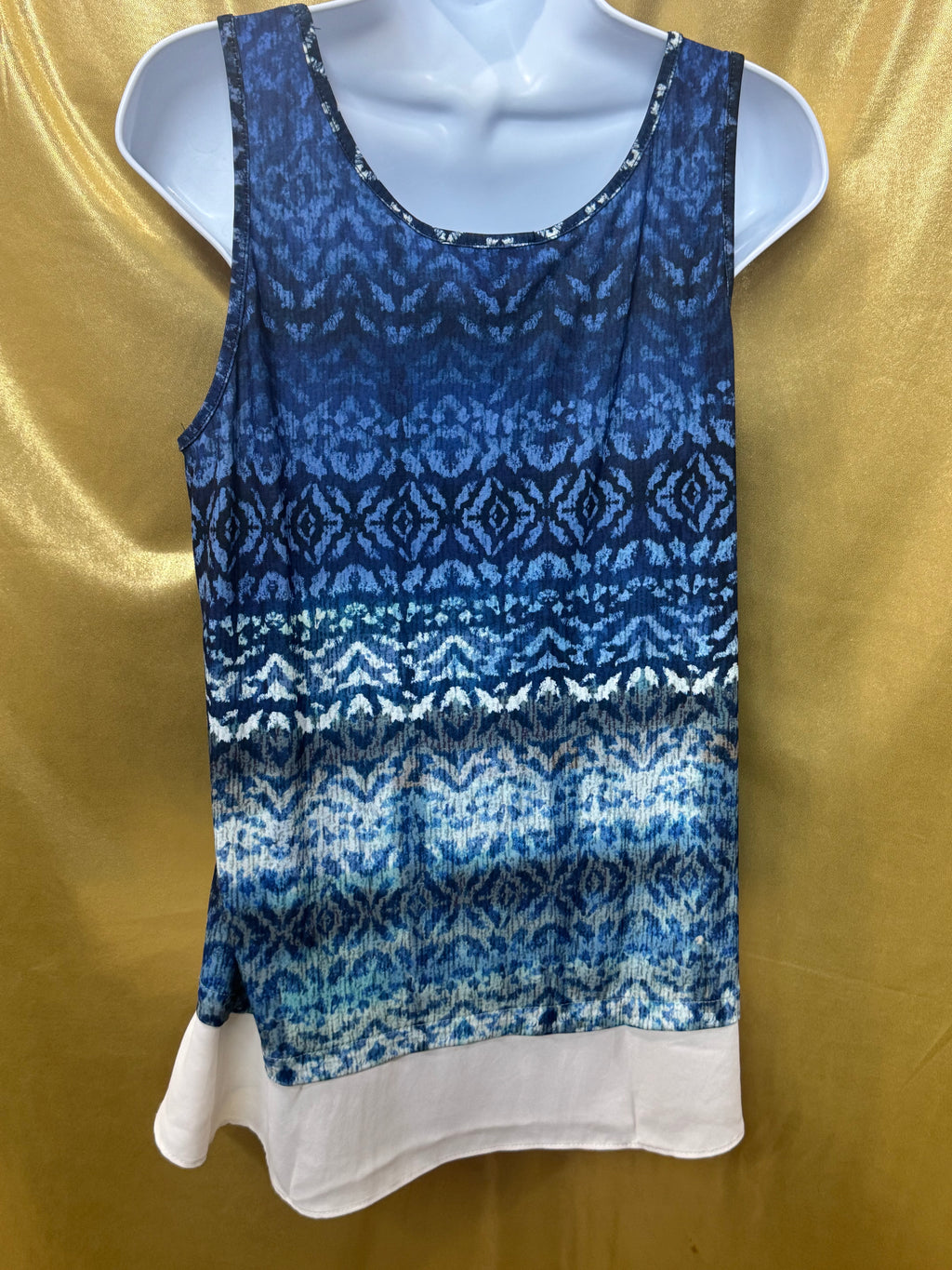 Karen Kane Blue Ikat Sleeveless Layered Chiffon Hem Top Size Large Made in USA