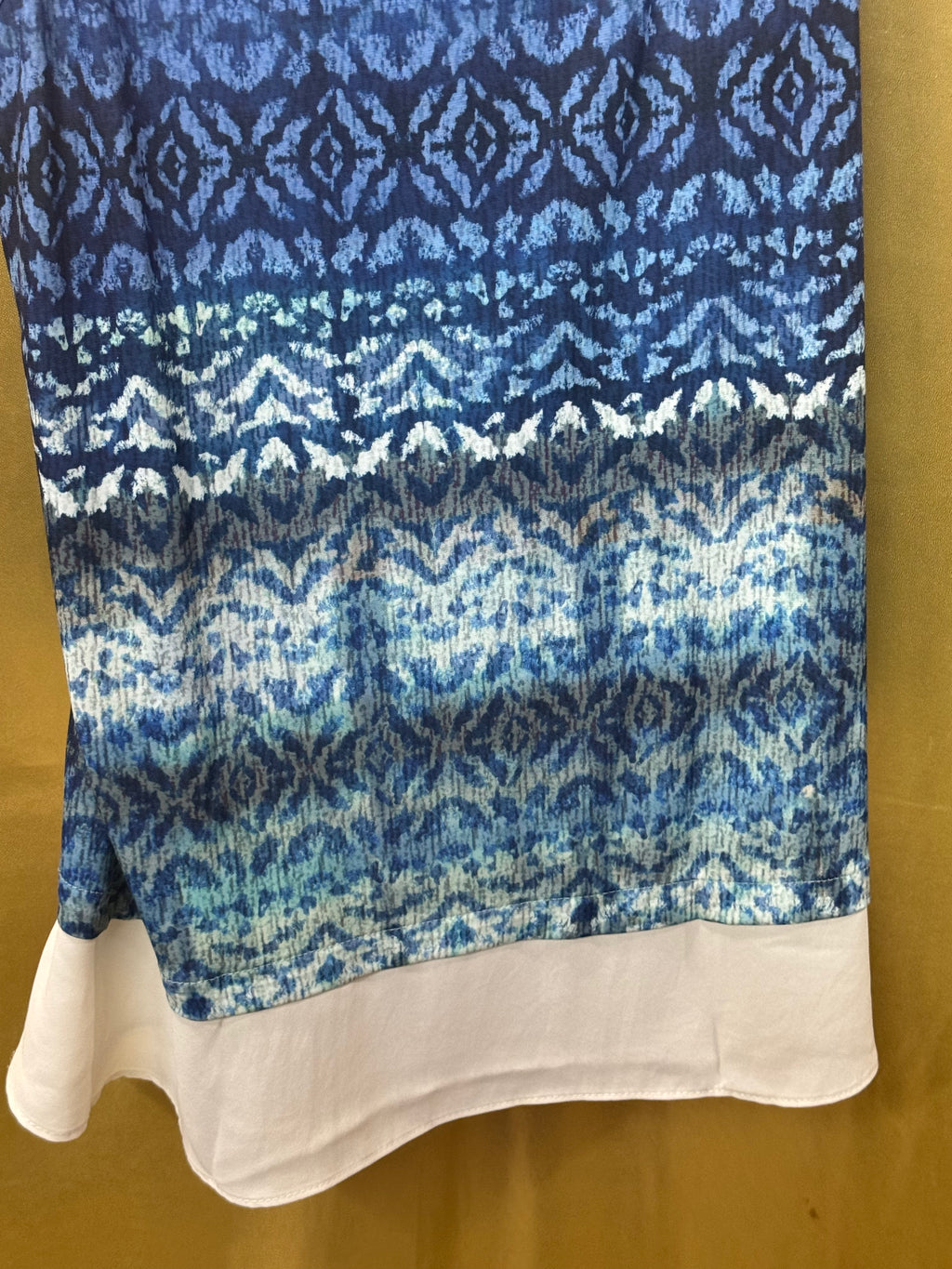 Karen Kane Blue Ikat Sleeveless Layered Chiffon Hem Top Size Large Made in USA