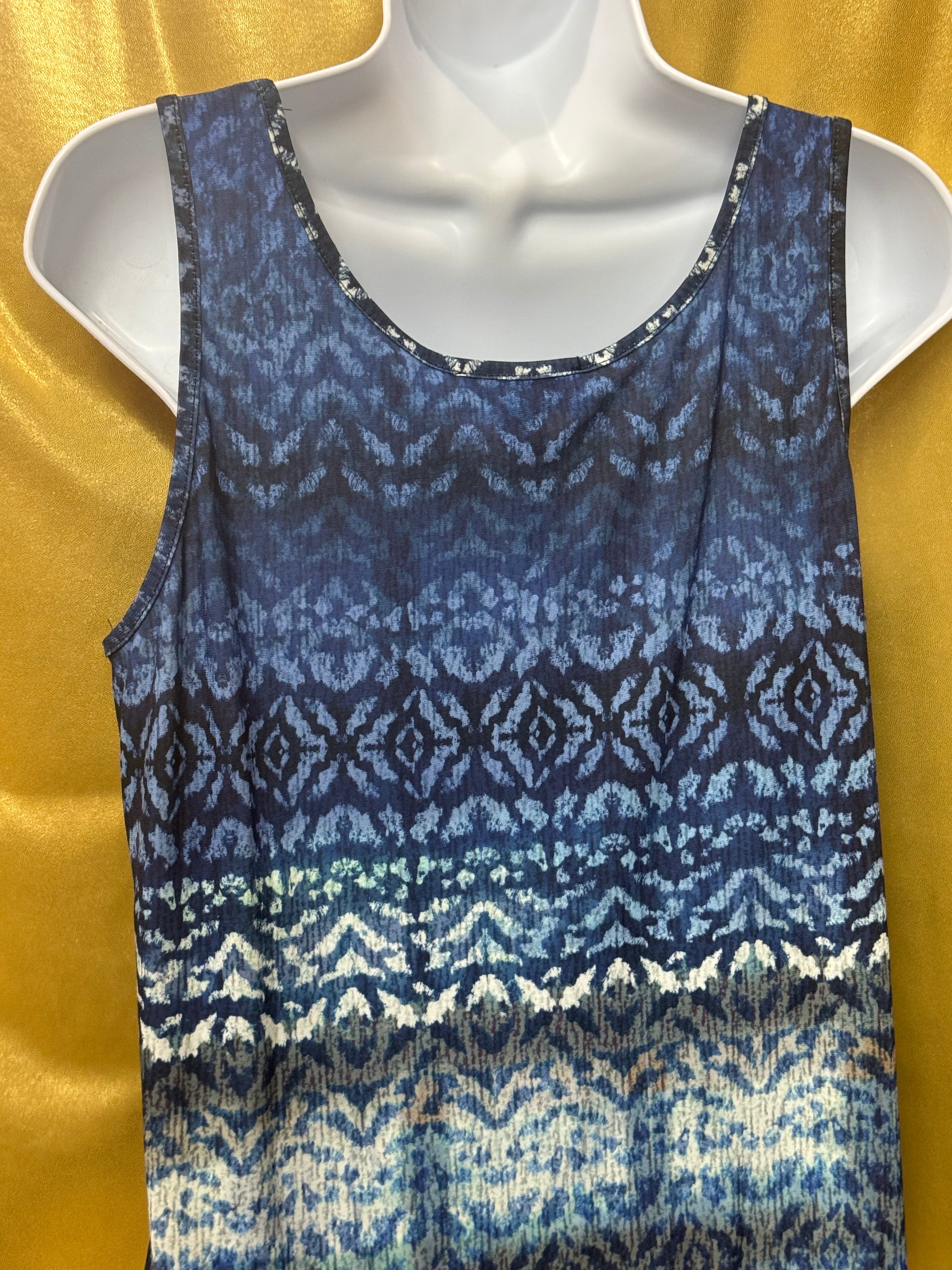 Karen Kane Blue Ikat Sleeveless Layered Chiffon Hem Top Size Large Made in USA