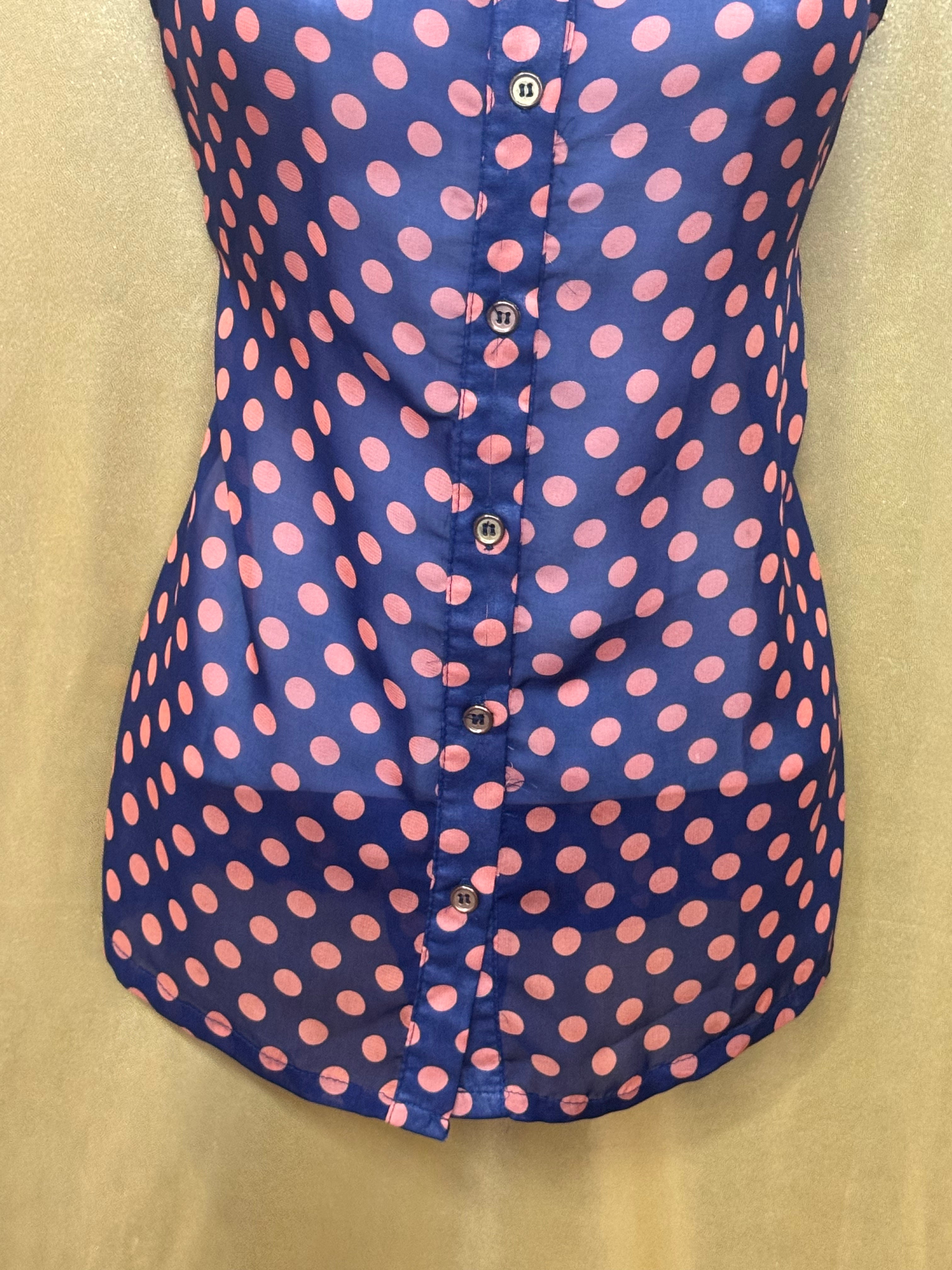 YES! Pink Polka Dot Sleeveless Button-Down Blouse Navy Large