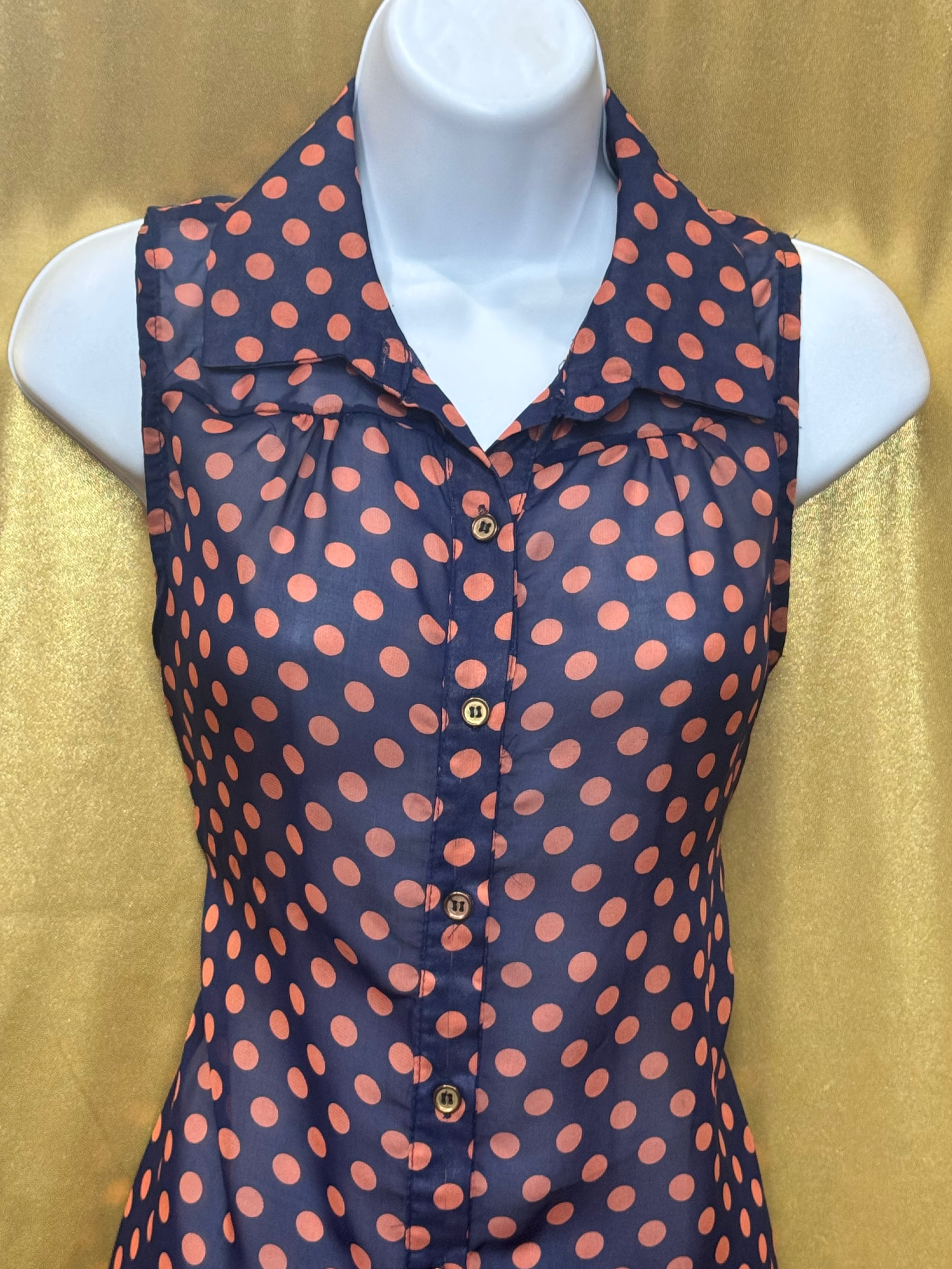 YES! Pink Polka Dot Sleeveless Button-Down Blouse Navy Large