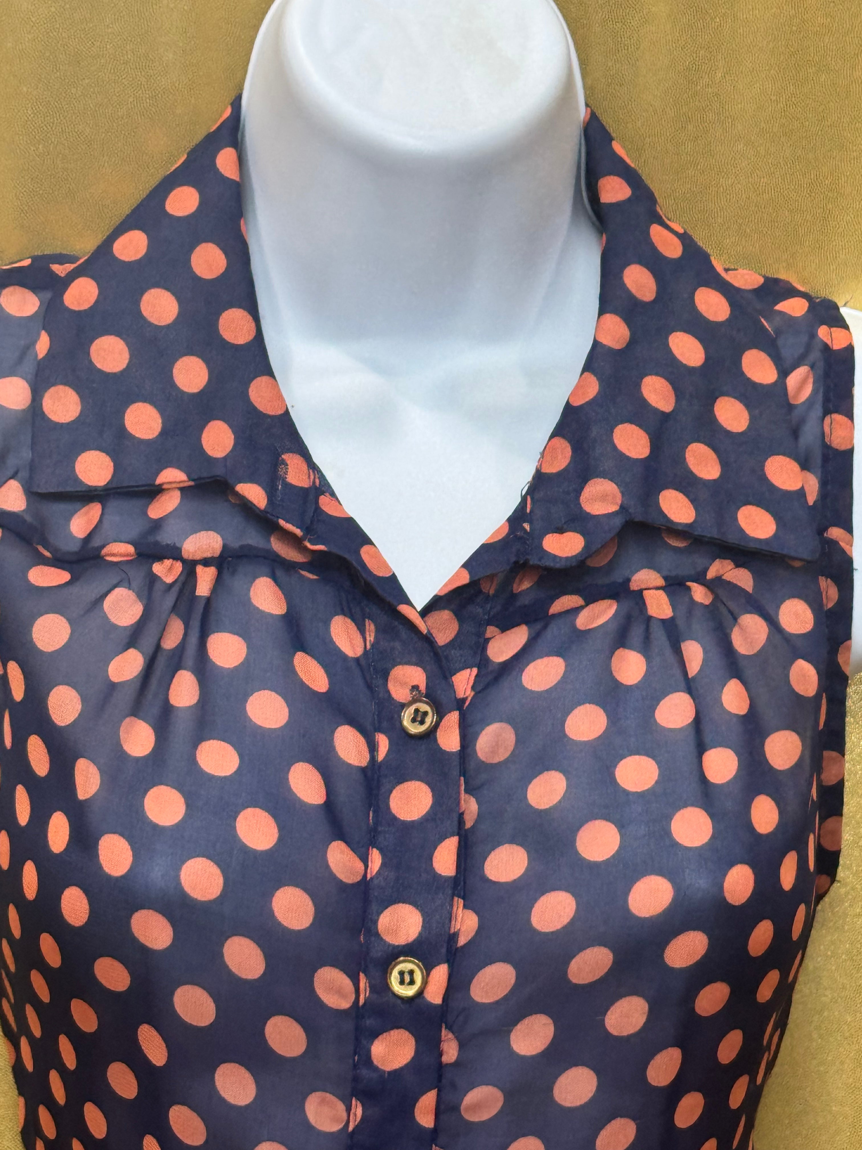 YES! Pink Polka Dot Sleeveless Button-Down Blouse Navy Large