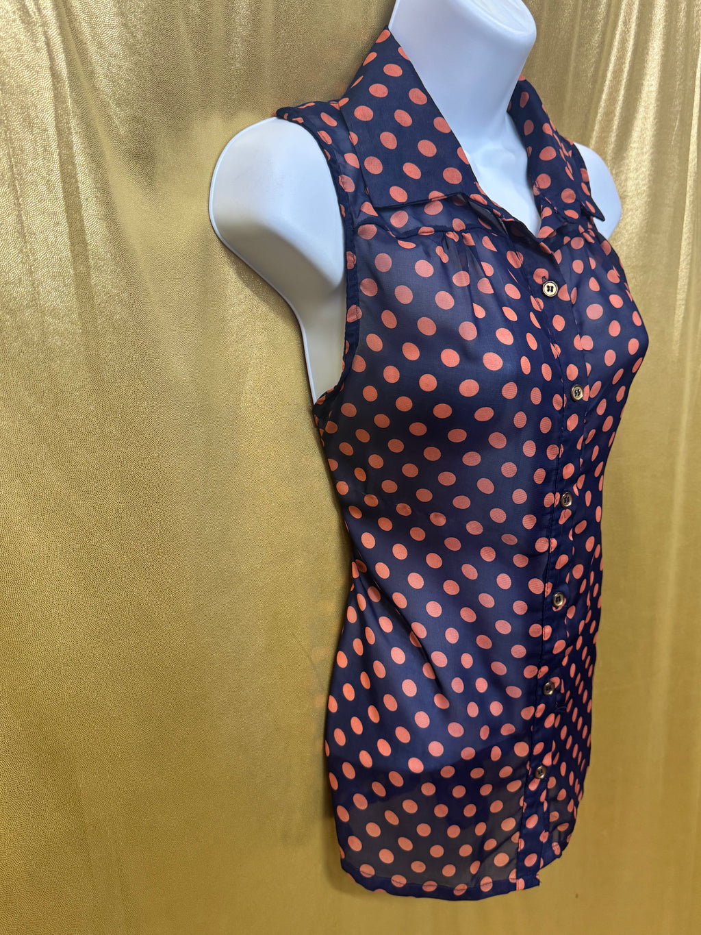 YES! Pink Polka Dot Sleeveless Button-Down Blouse Navy Large