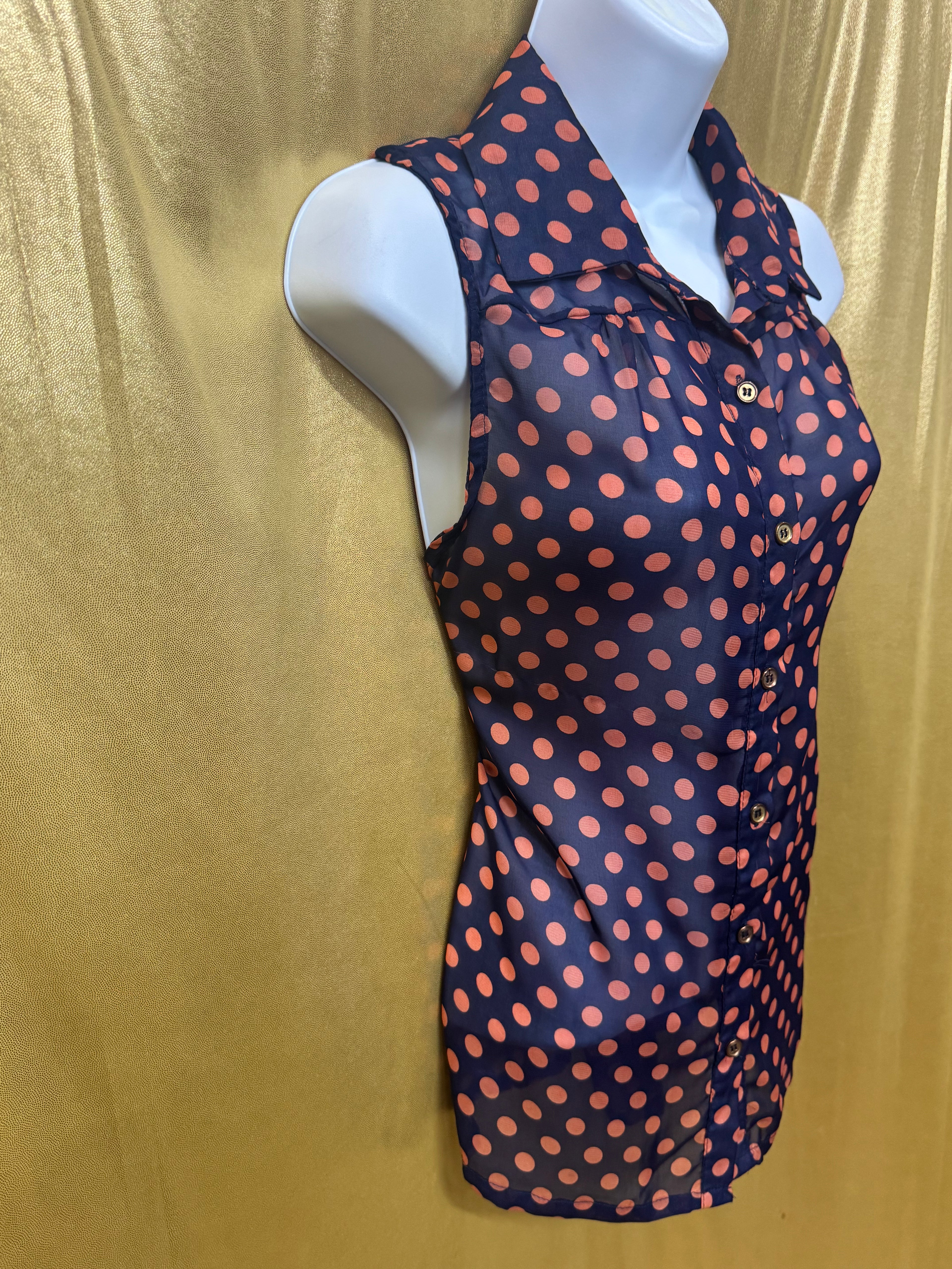 YES! Pink Polka Dot Sleeveless Button-Down Blouse Navy Large
