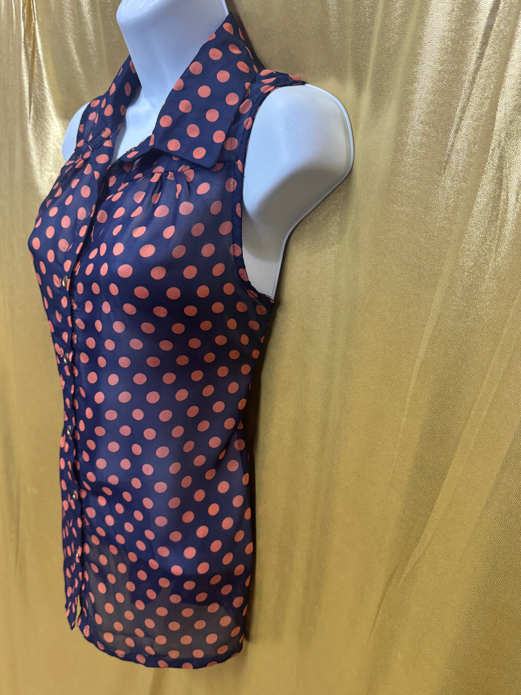 YES! Pink Polka Dot Sleeveless Button-Down Blouse Navy Large