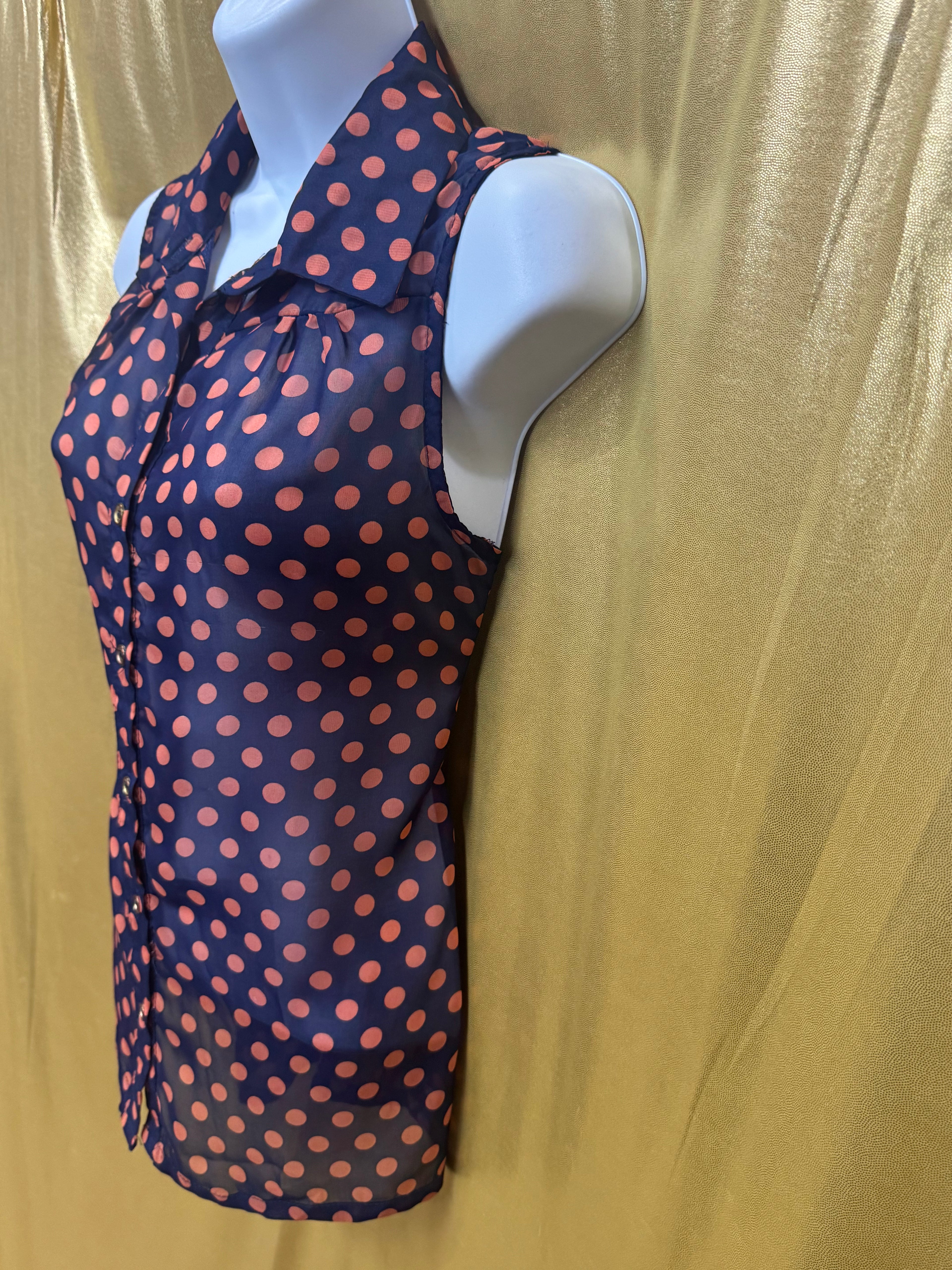 YES! Pink Polka Dot Sleeveless Button-Down Blouse Navy Large
