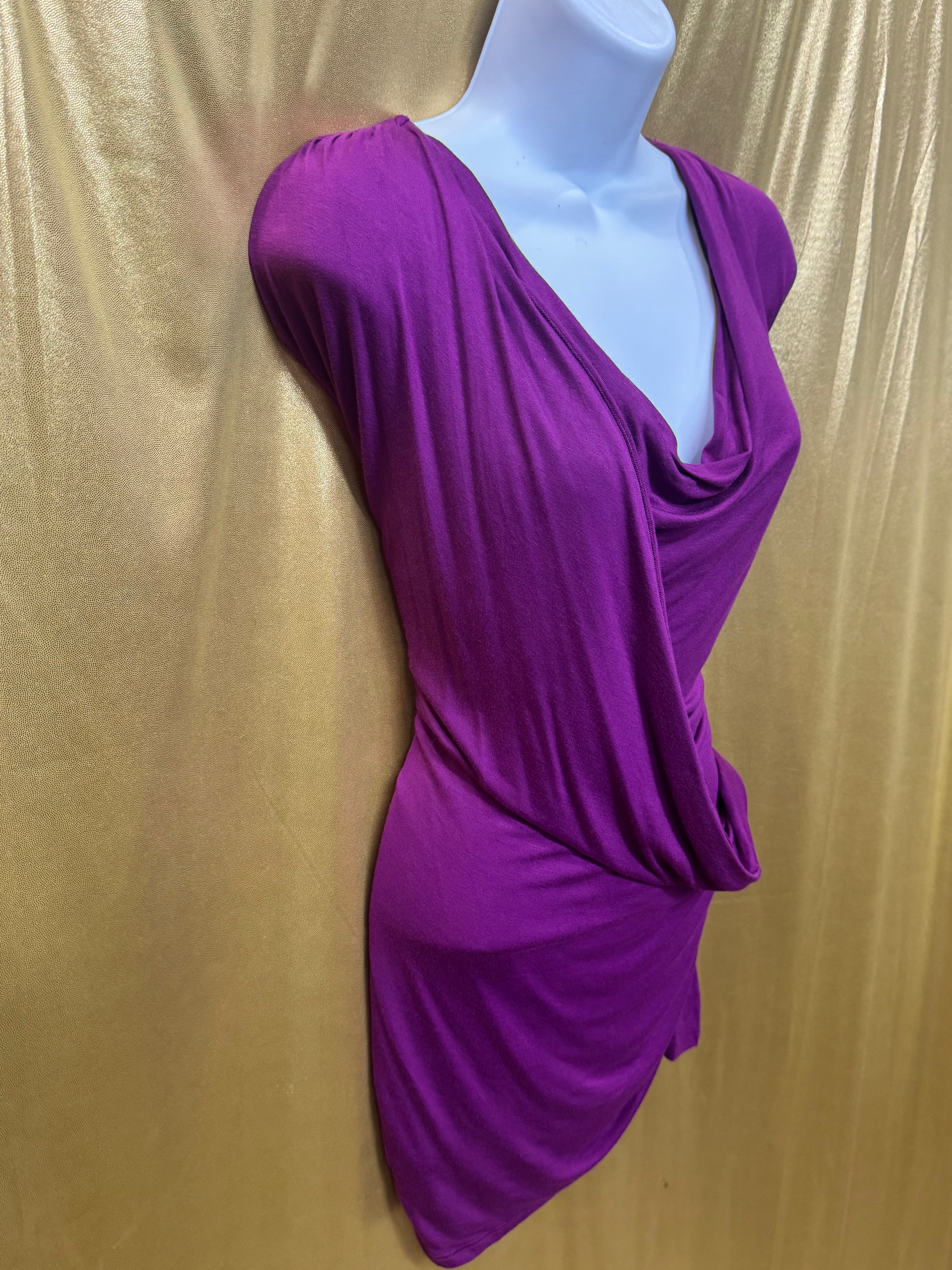 Olivia Moon Purple Cowl Neck Ruched Blouse Tunic - Size Large - Made in USA