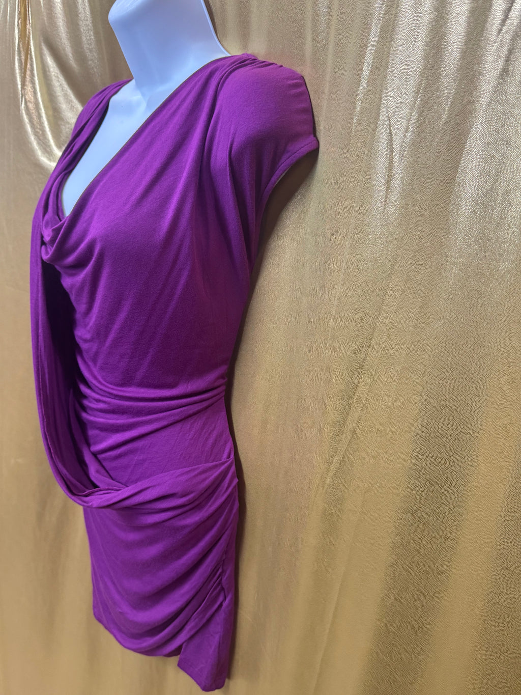 Olivia Moon Purple Cowl Neck Ruched Blouse Tunic - Size Large - Made in USA