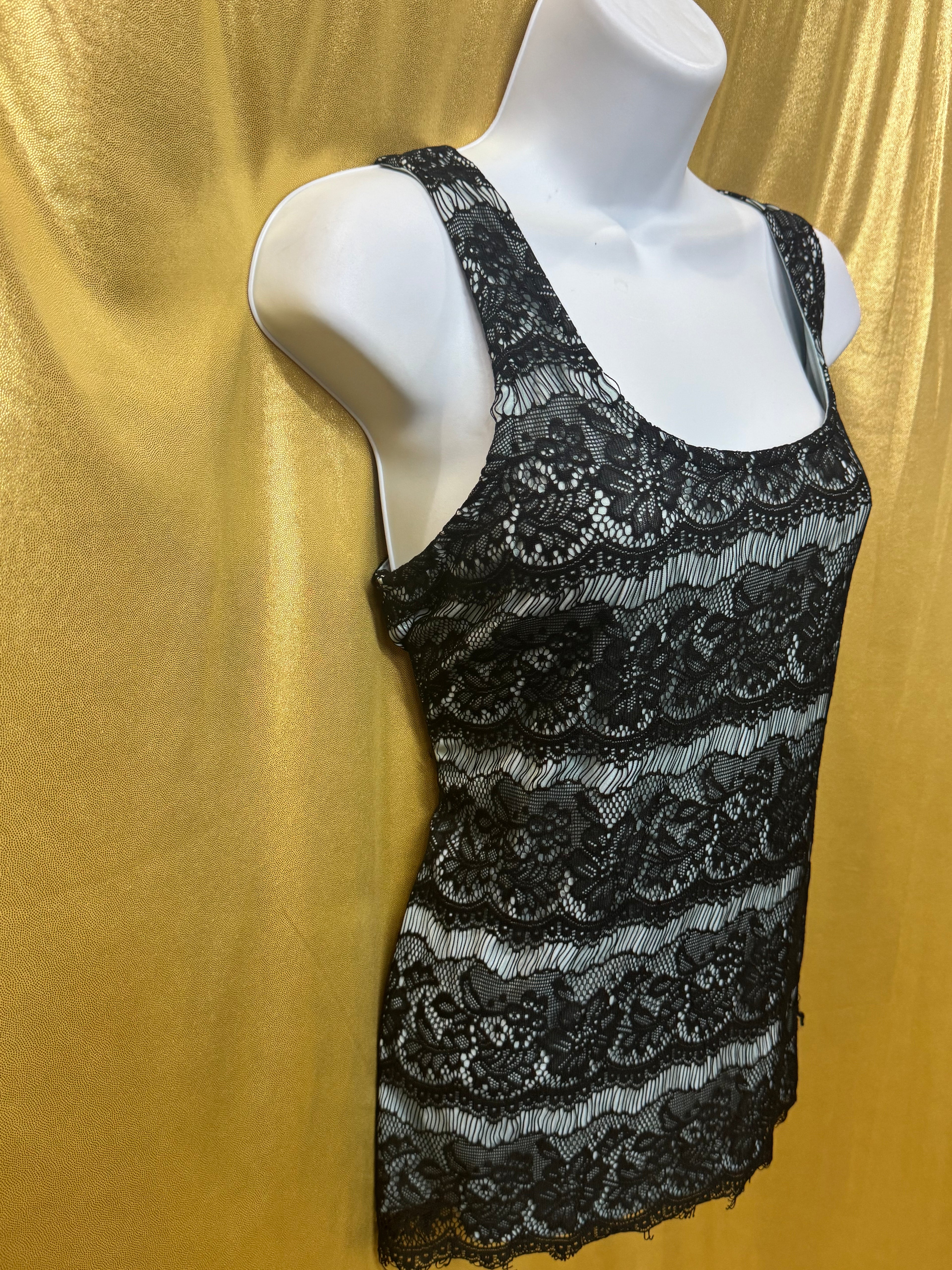 Studio Y Black Floral Lace Overlay Tank Top Teal Blue Liner Size Large