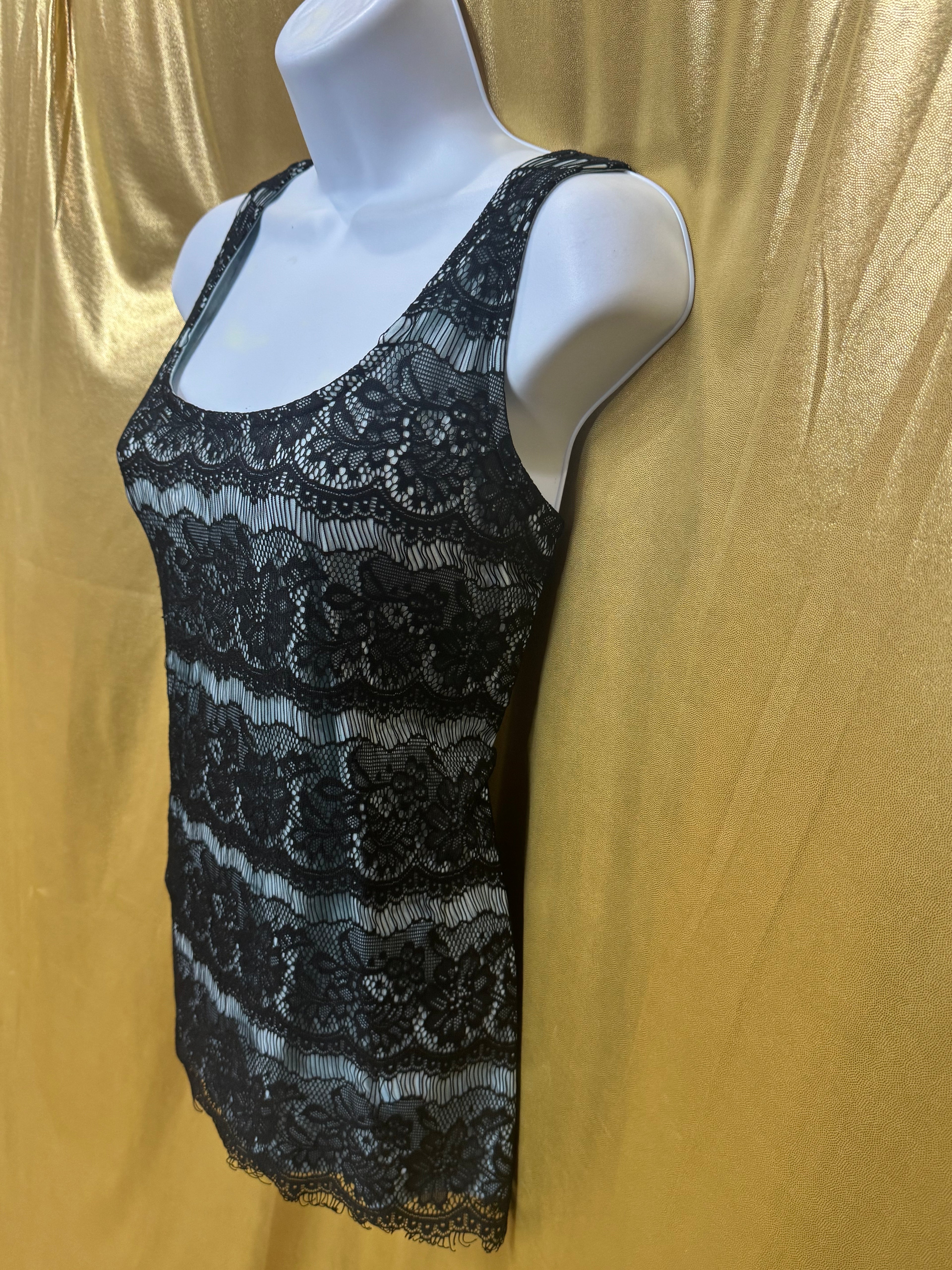 Studio Y Black Floral Lace Overlay Tank Top Teal Blue Liner Size Large