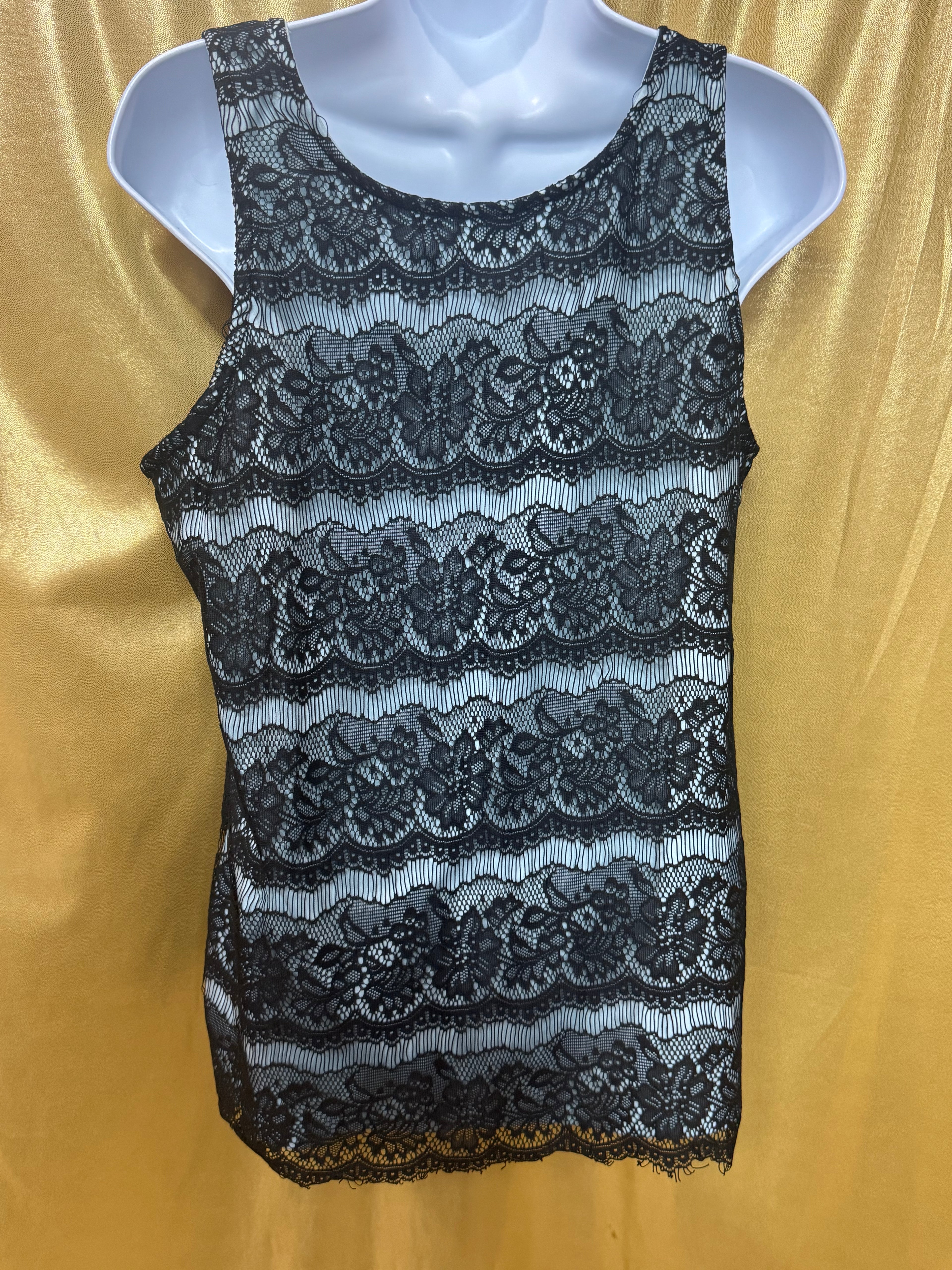 Studio Y Black Floral Lace Overlay Tank Top Teal Blue Liner Size Large