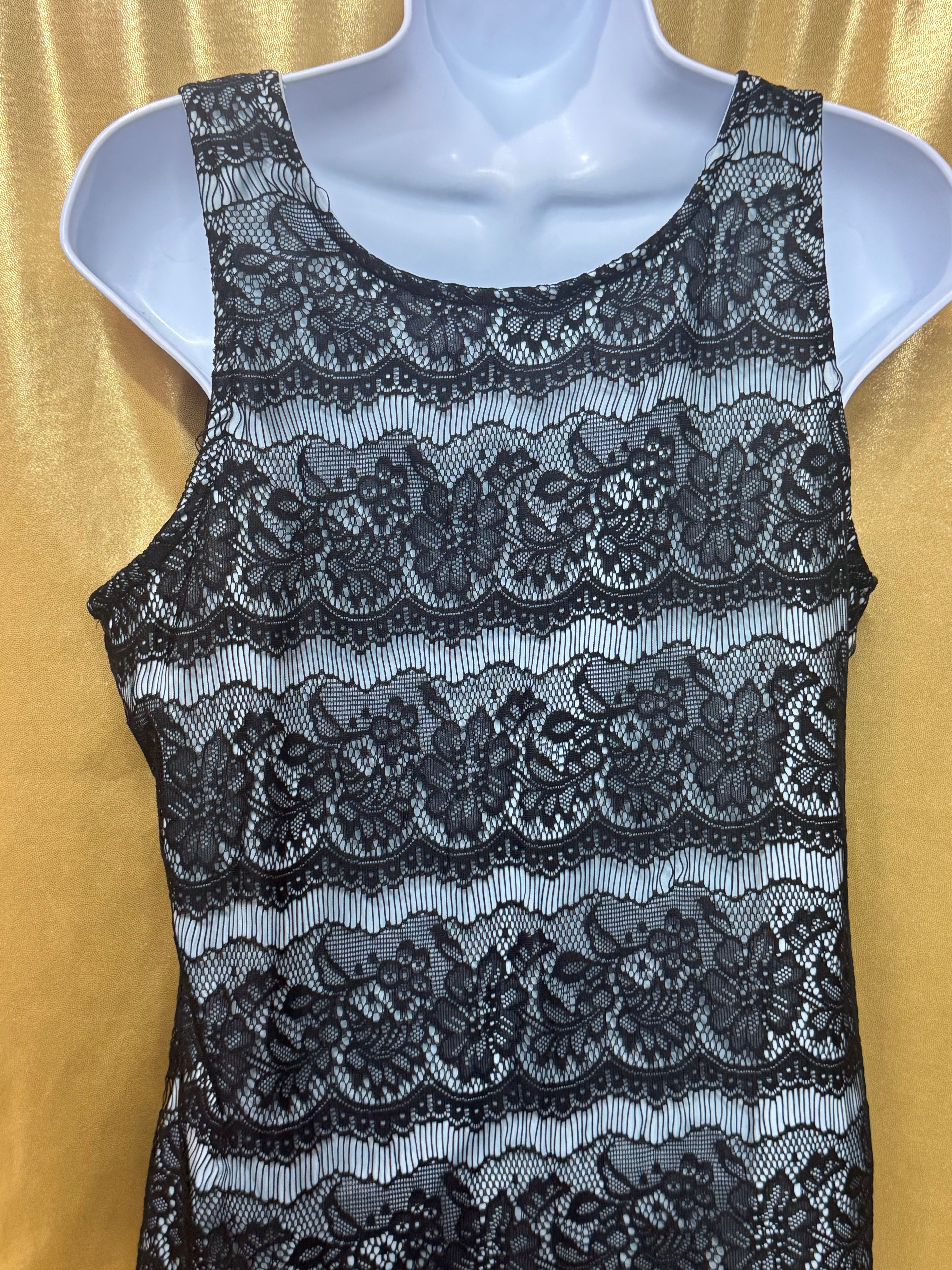 Studio Y Black Floral Lace Overlay Tank Top Teal Blue Liner Size Large