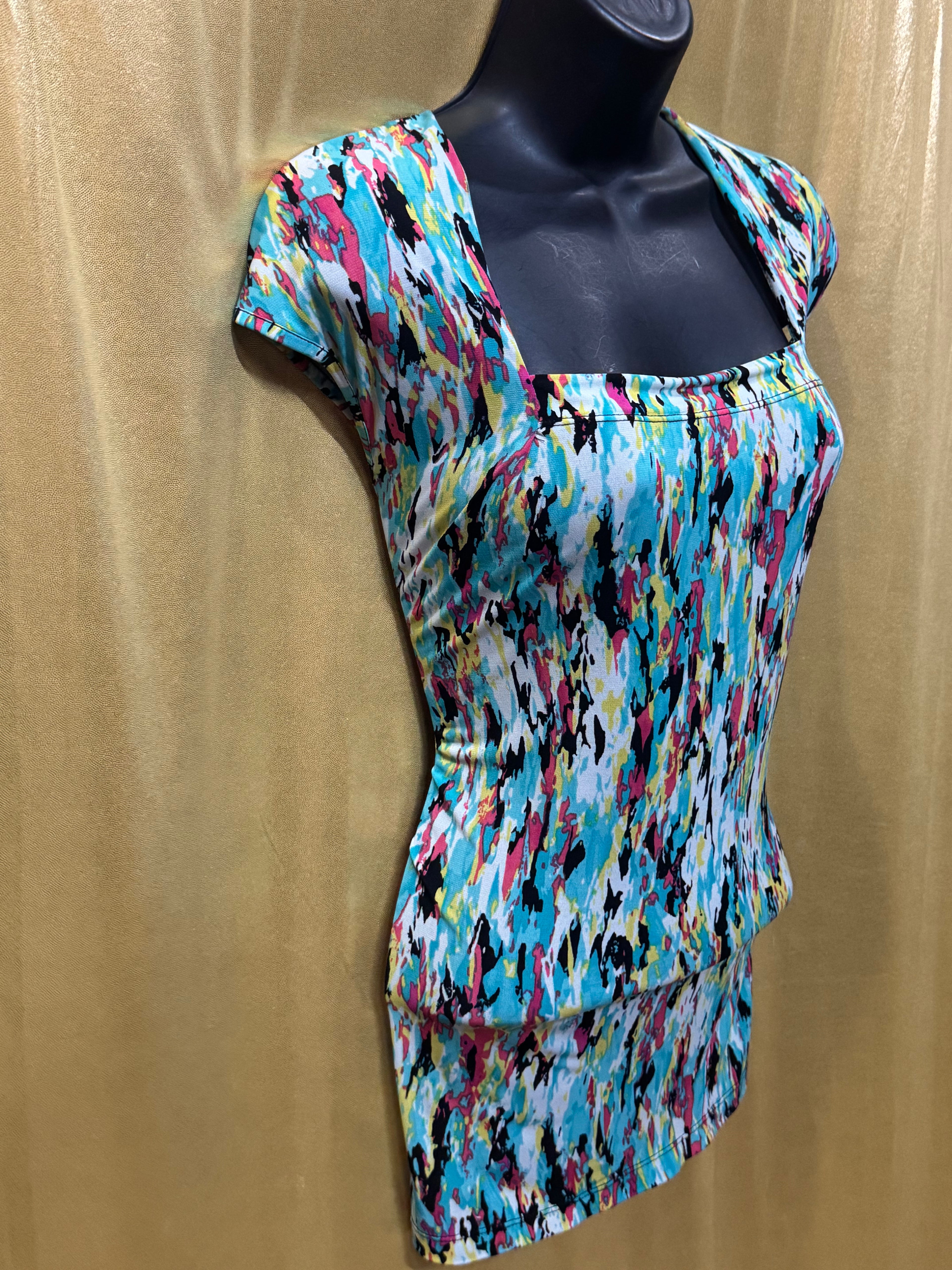 Kasper Colorful Abstract Brushstroke Blouse Square Neck Top Size Large