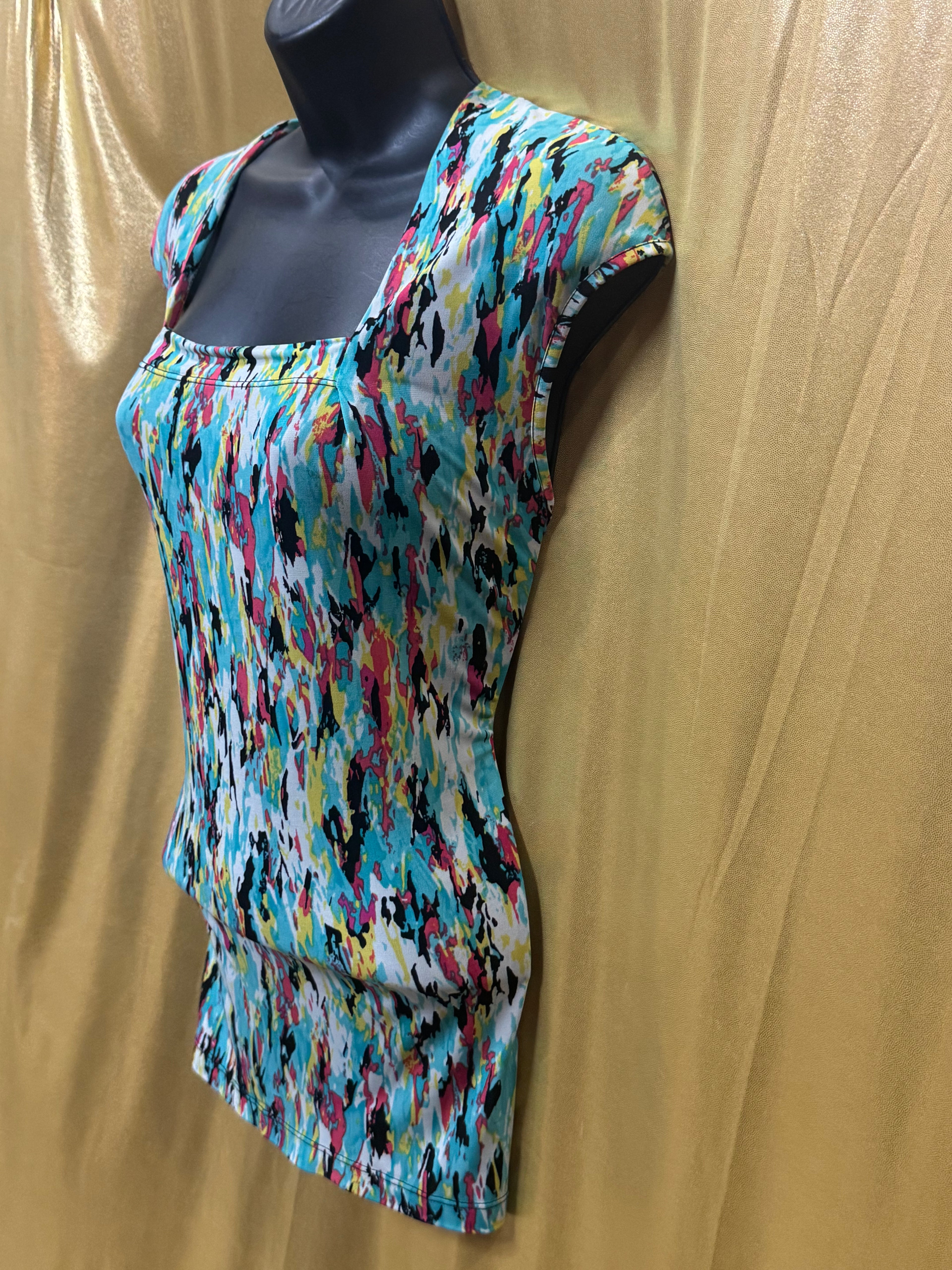 Kasper Colorful Abstract Brushstroke Blouse Square Neck Top Size Large