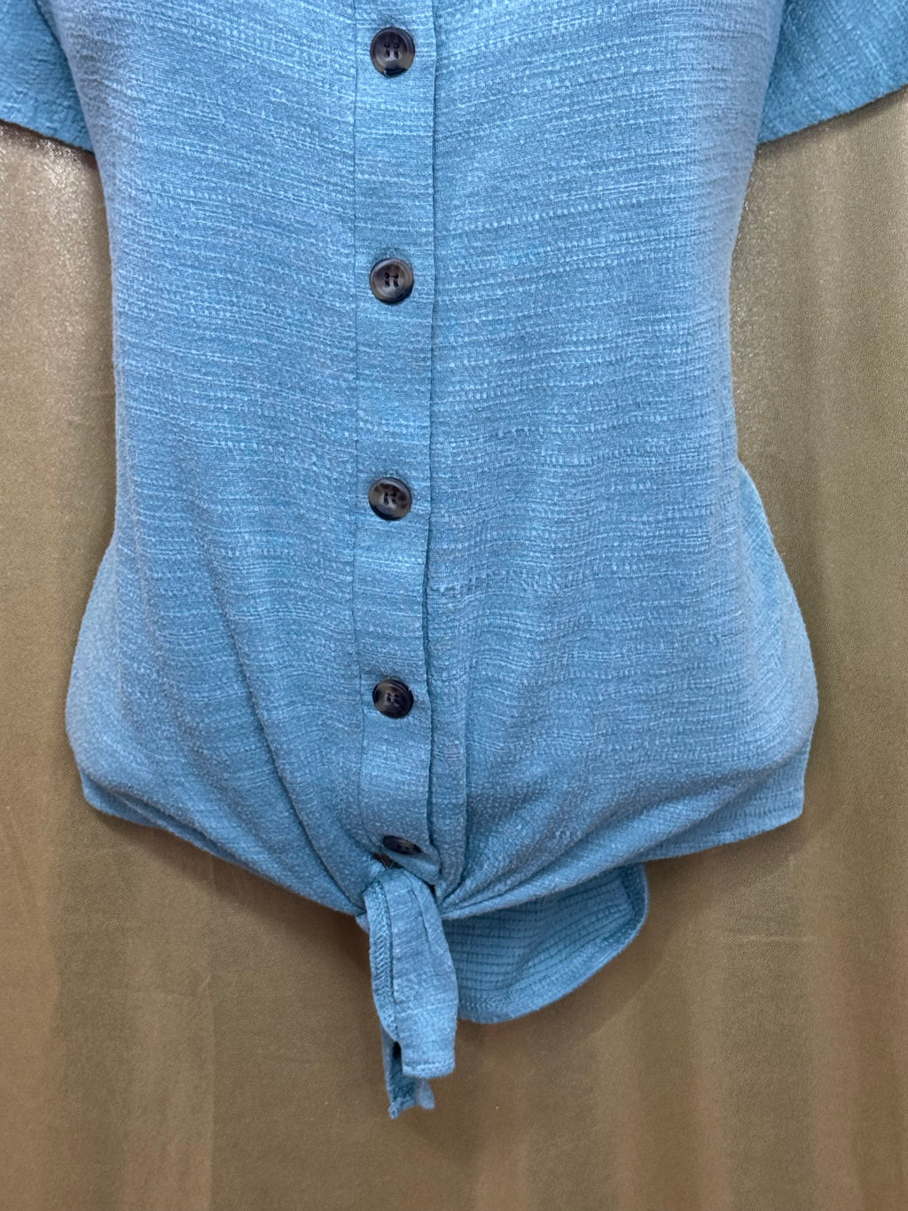Cable & Gauge Blue Tie-Front Button Down Short Sleeve Top, Size Large