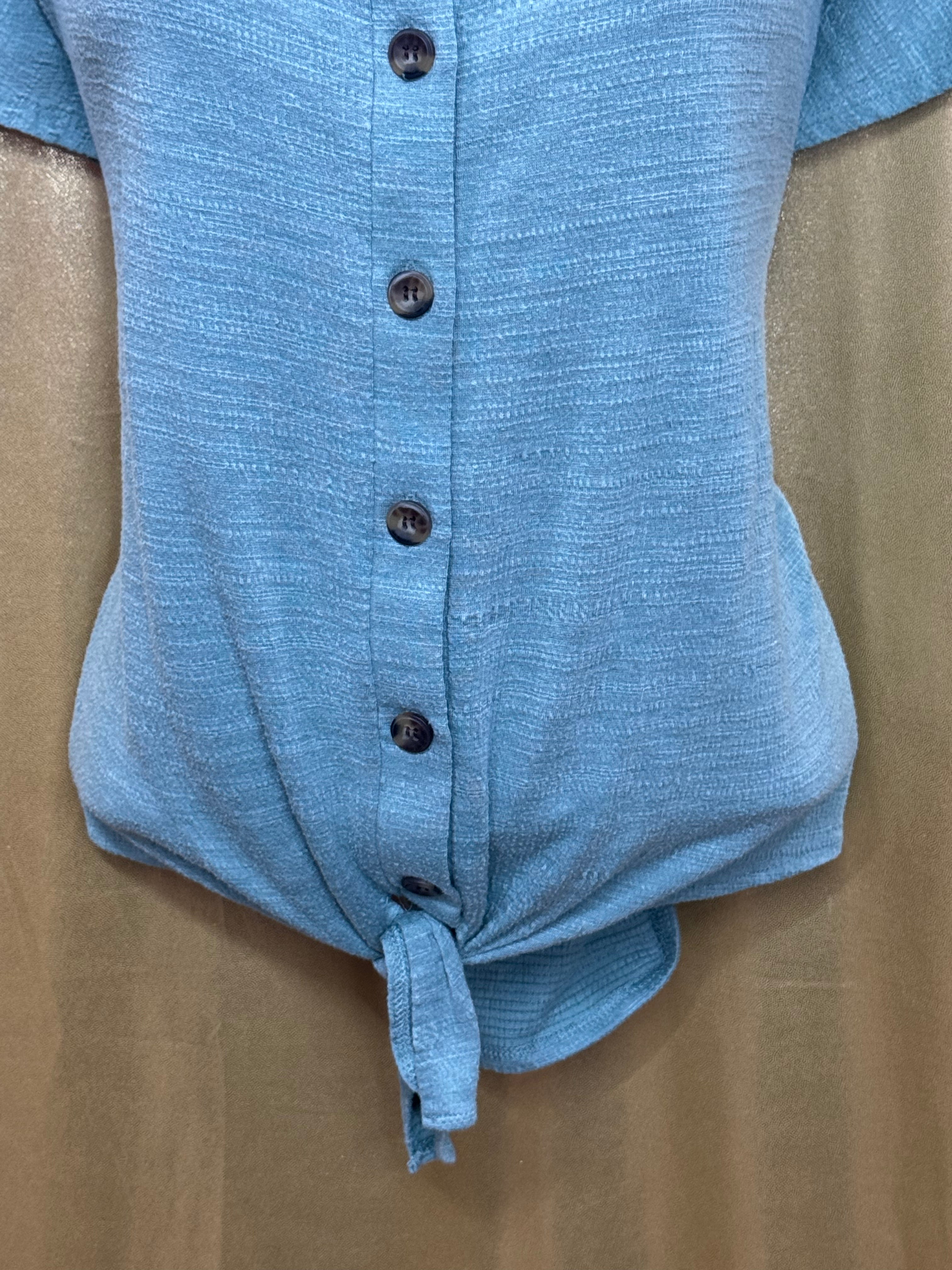 Cable & Gauge Blue Tie-Front Button Down Short Sleeve Top, Size Large