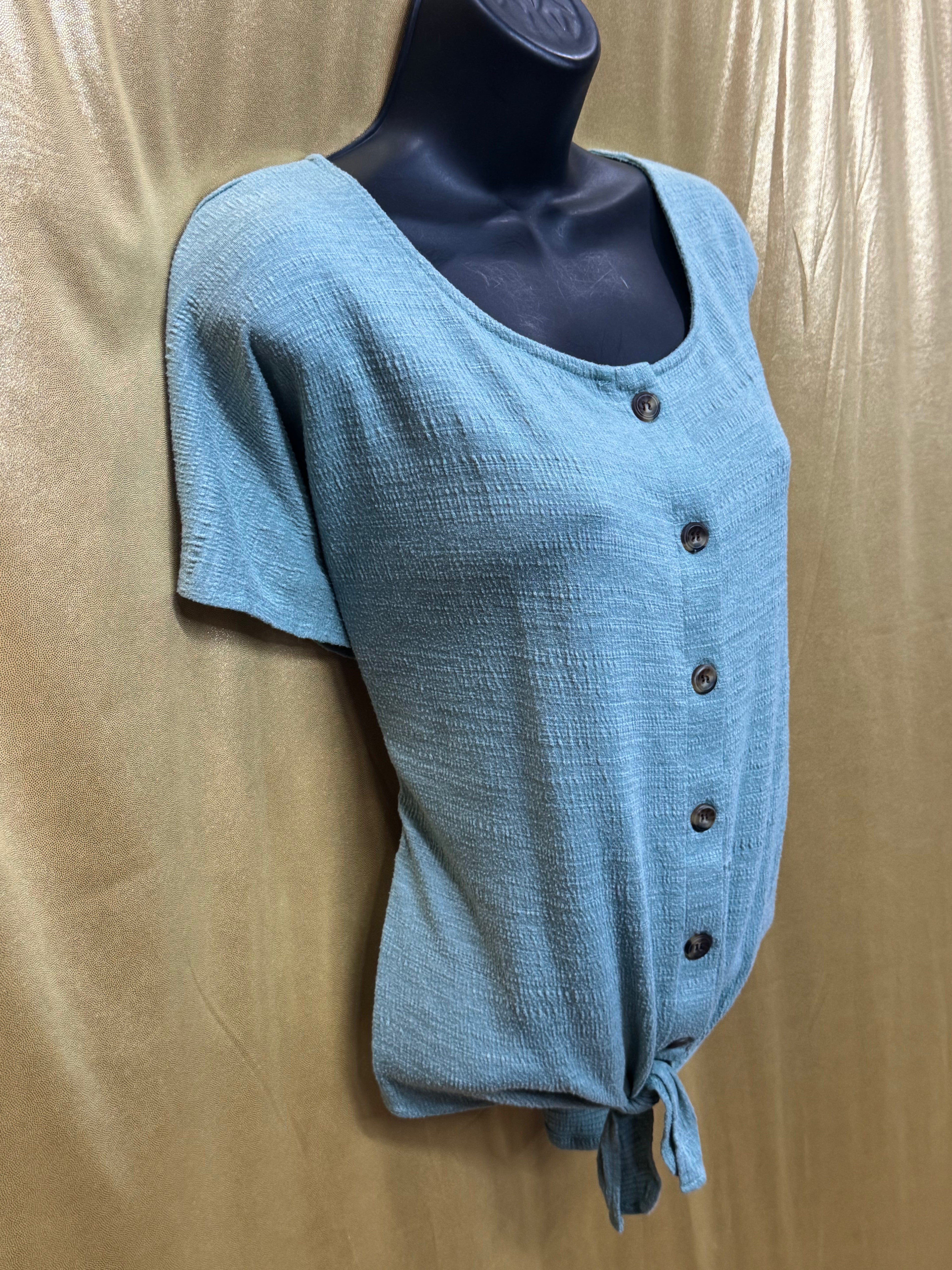 Cable & Gauge Blue Tie-Front Button Down Short Sleeve Top, Size Large