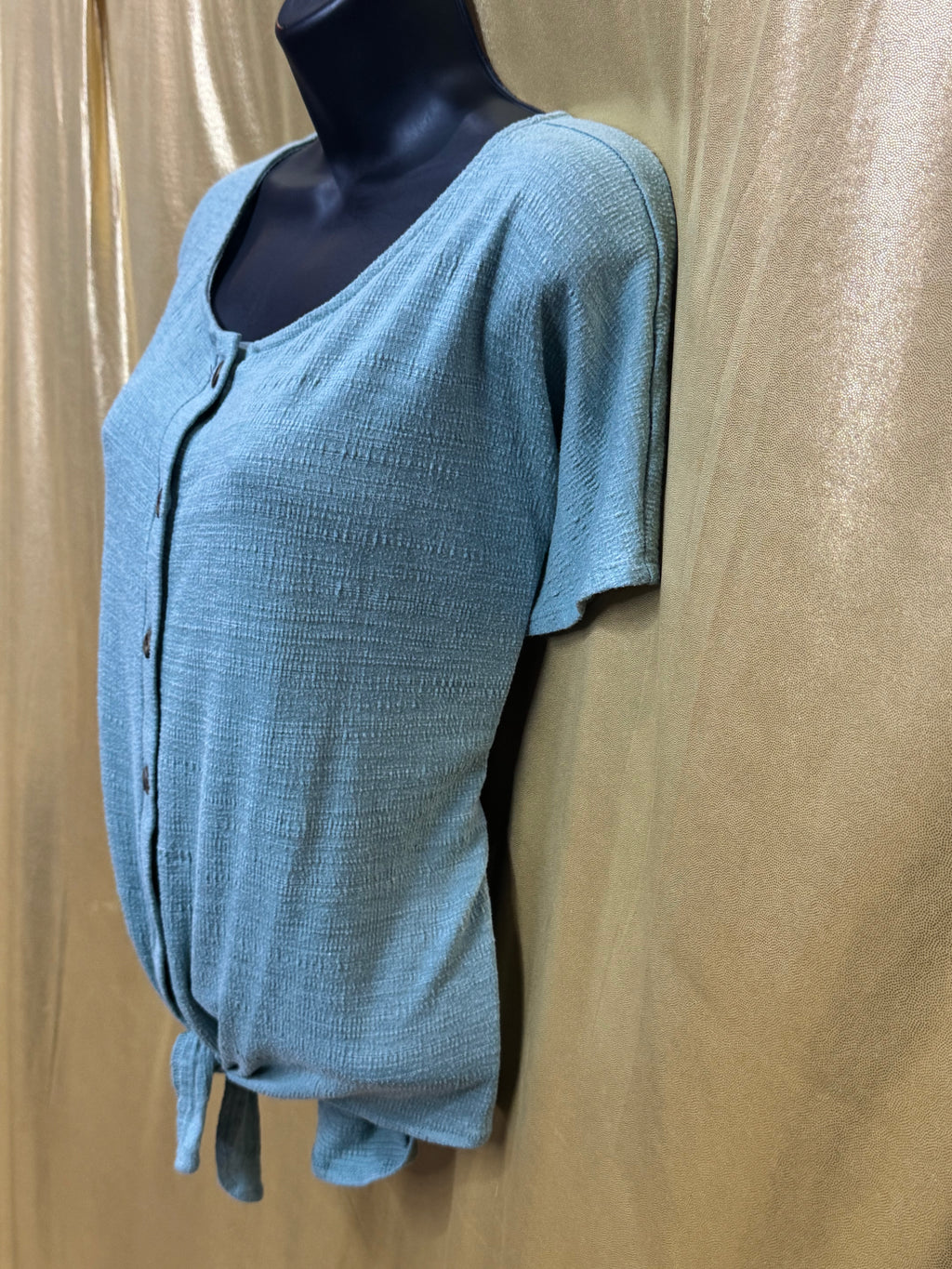 Cable & Gauge Blue Tie-Front Button Down Short Sleeve Top, Size Large