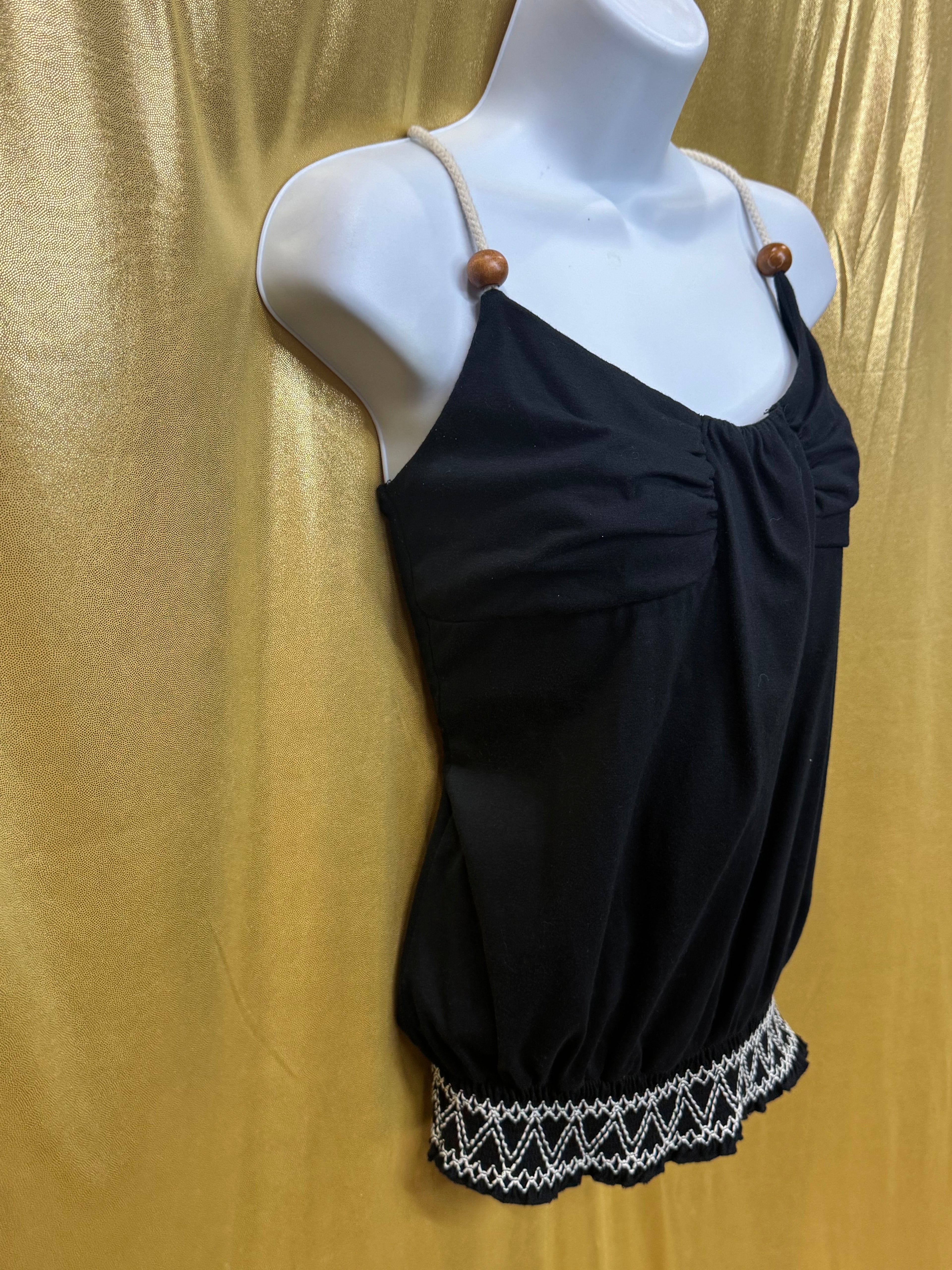 Vintage Bongo Black Rope Strap Tank Top with Wooden Beads Size L