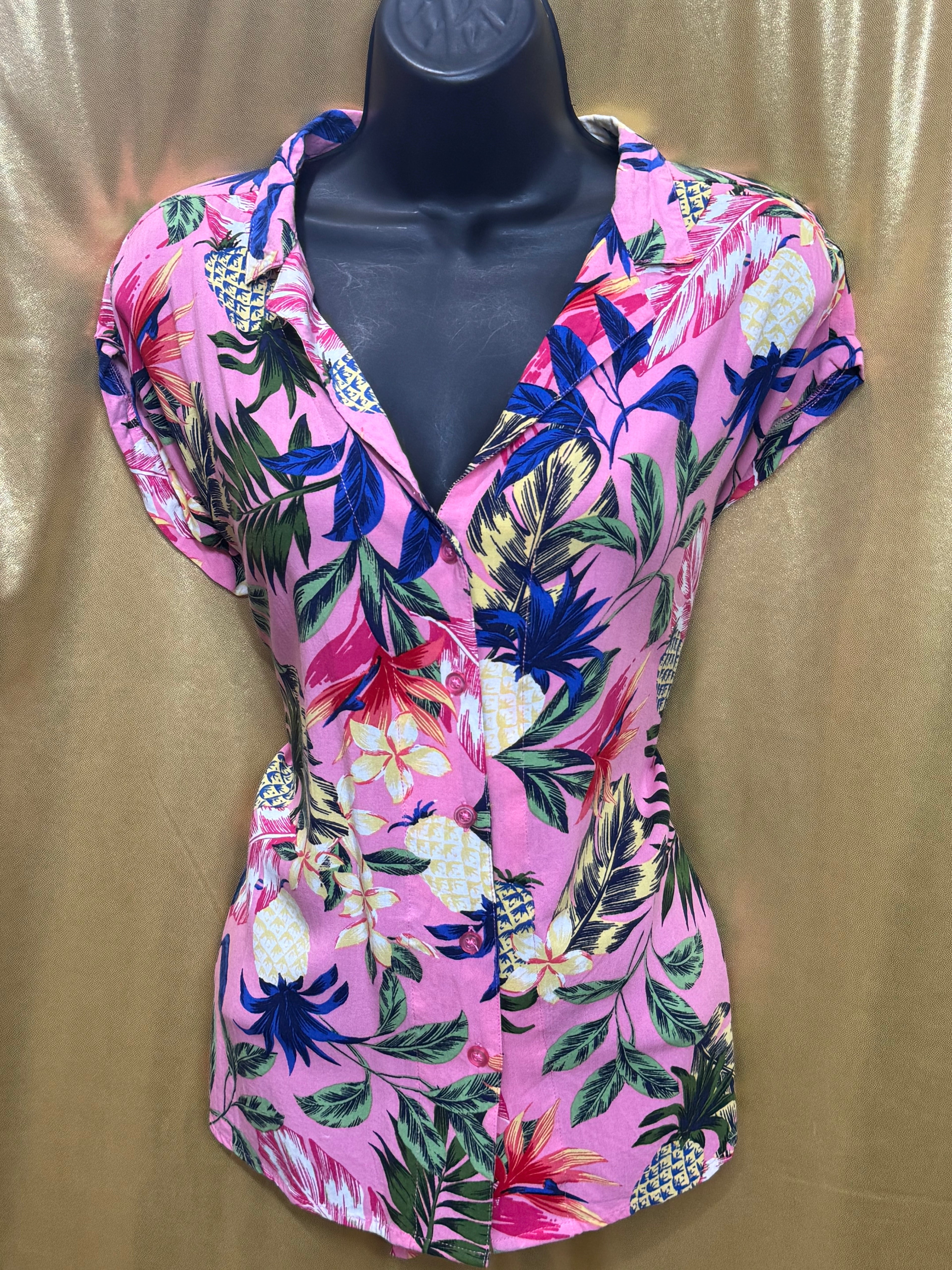 Kiwi Fresh Pink Tropical Pineapple Rayon Button Down Shirt Size Large