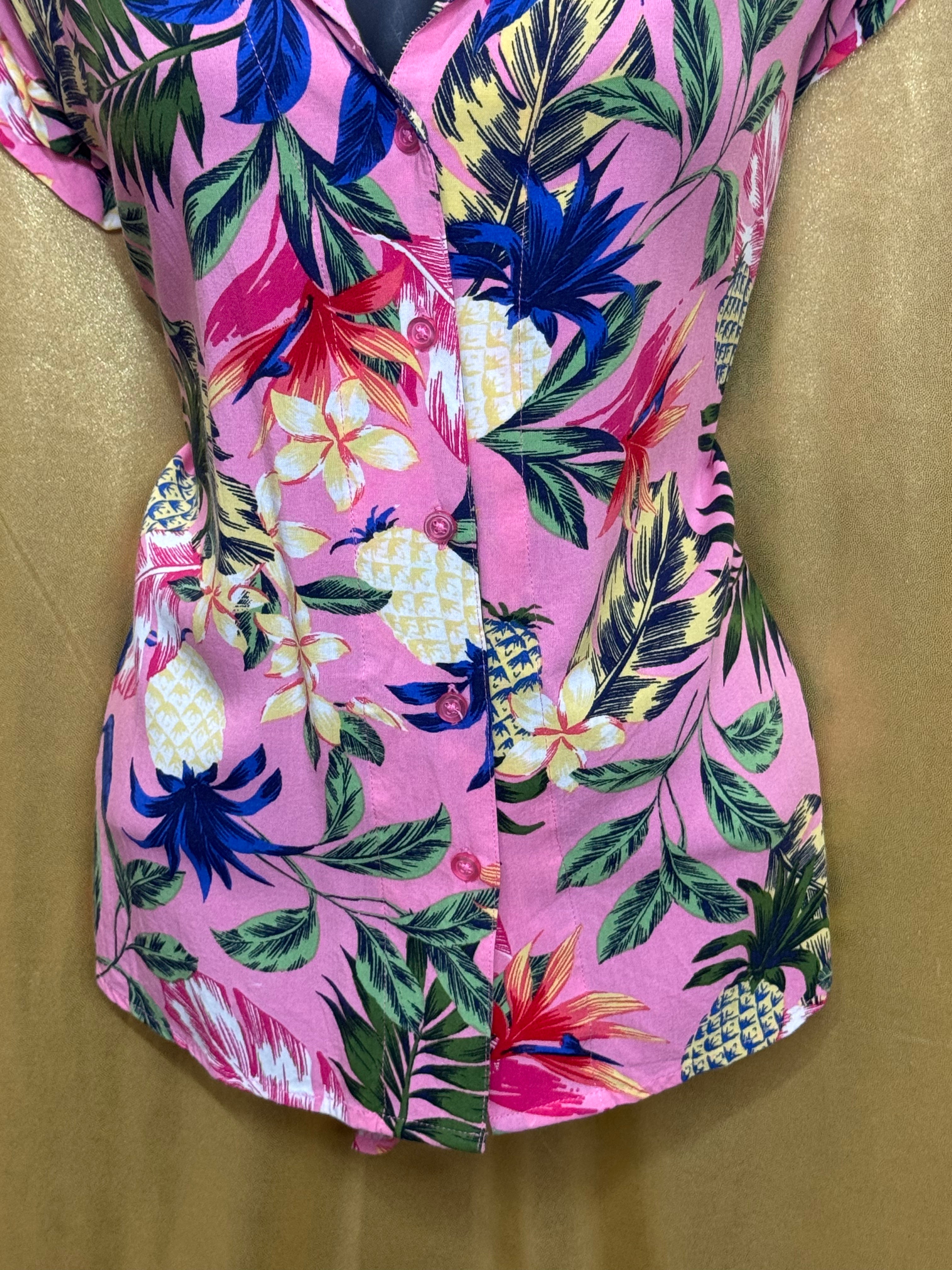 Kiwi Fresh Pink Tropical Pineapple Rayon Button Down Shirt Size Large