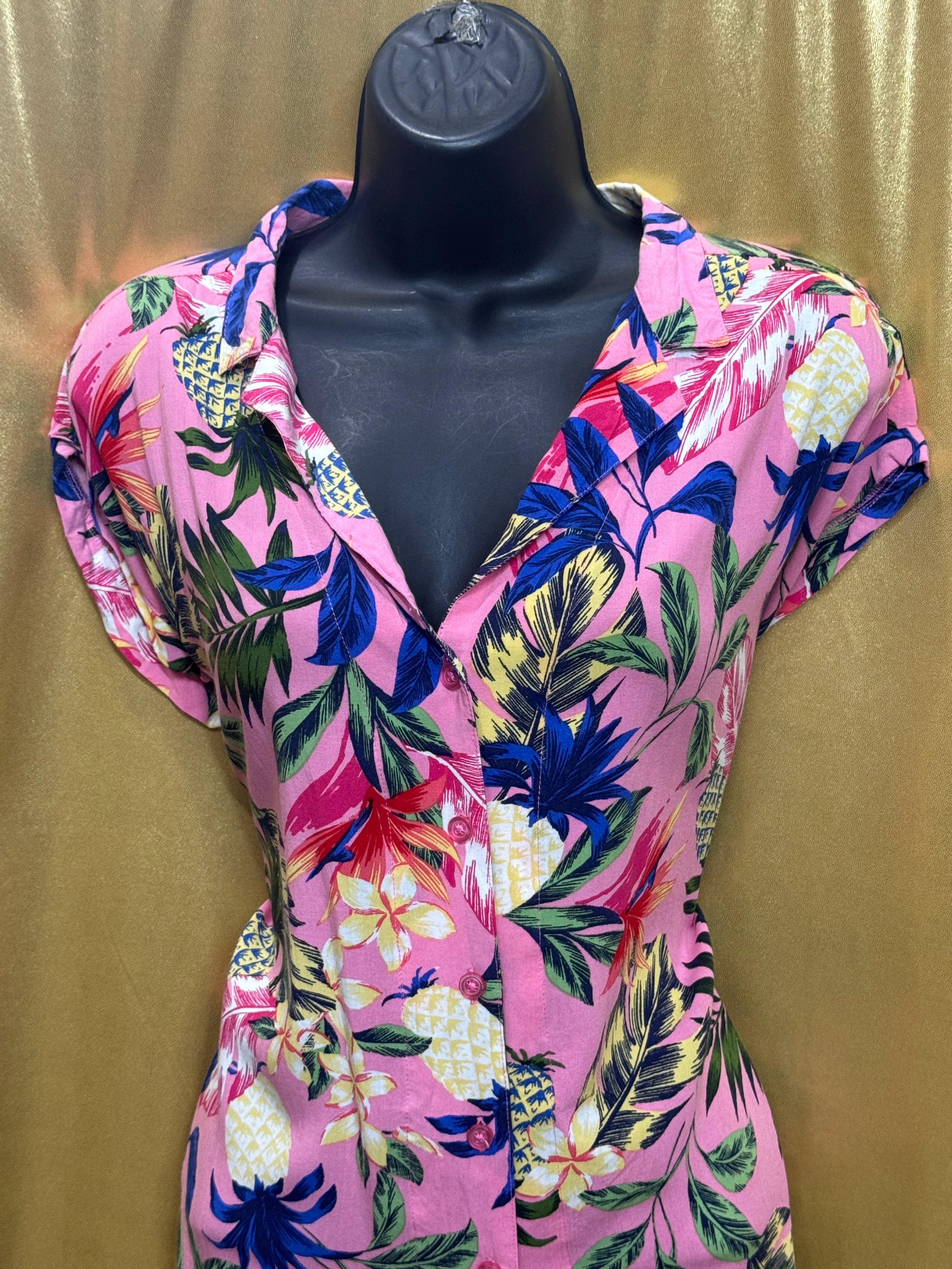 Kiwi Fresh Pink Tropical Pineapple Rayon Button Down Shirt Size Large