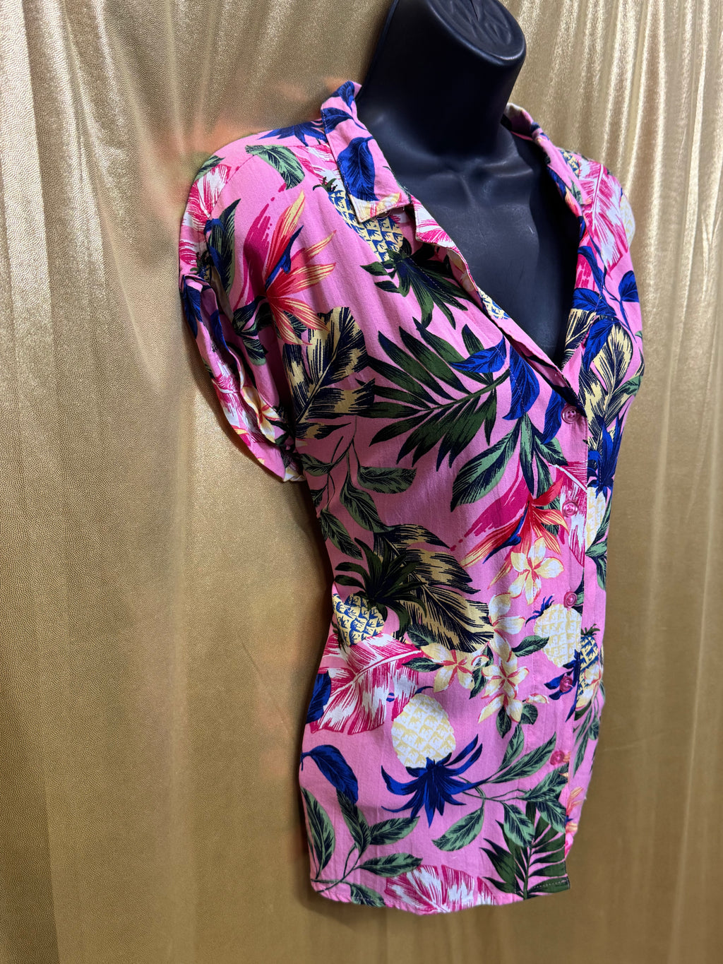 Kiwi Fresh Pink Tropical Pineapple Rayon Button Down Shirt Size Large