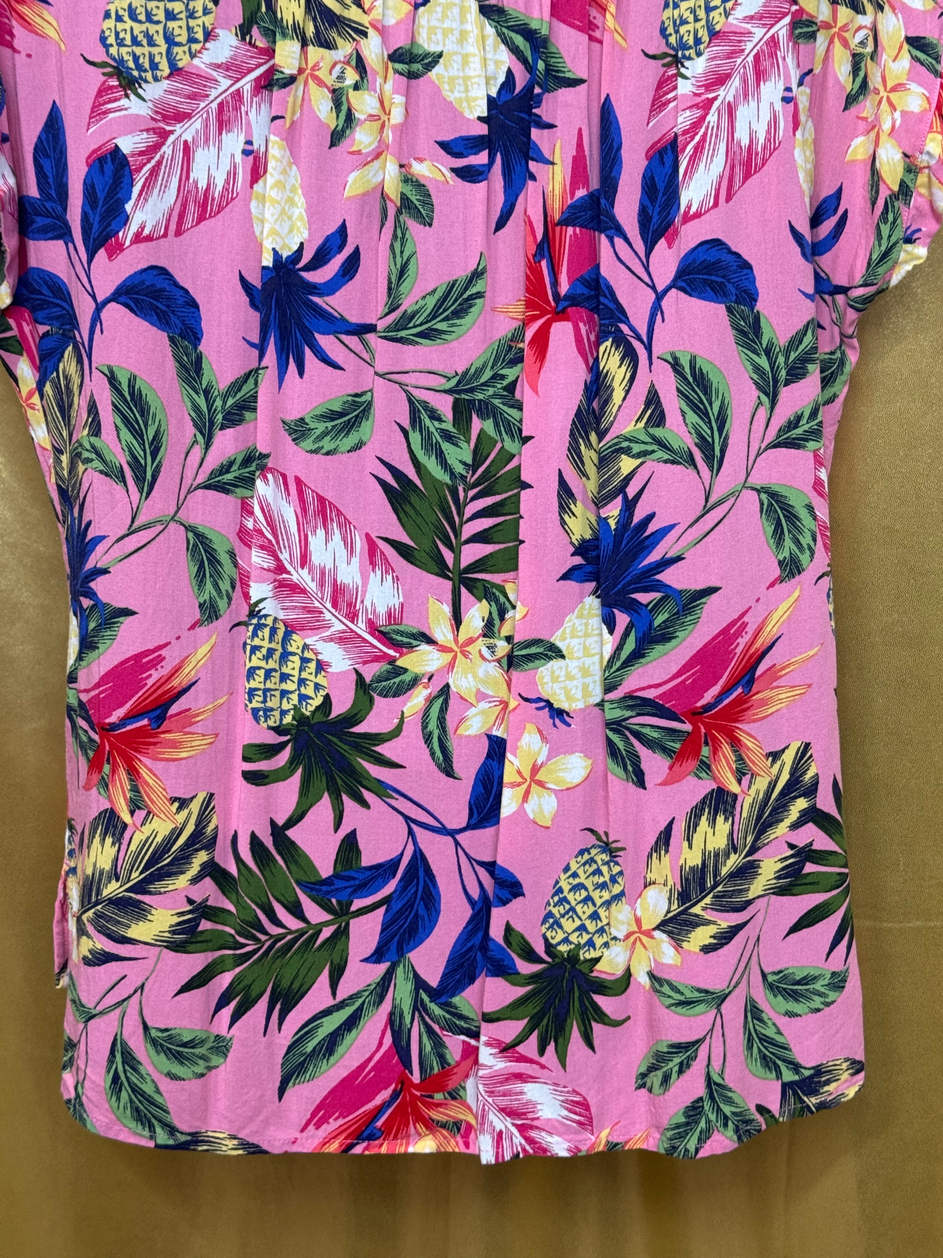 Kiwi Fresh Pink Tropical Pineapple Rayon Button Down Shirt Size Large