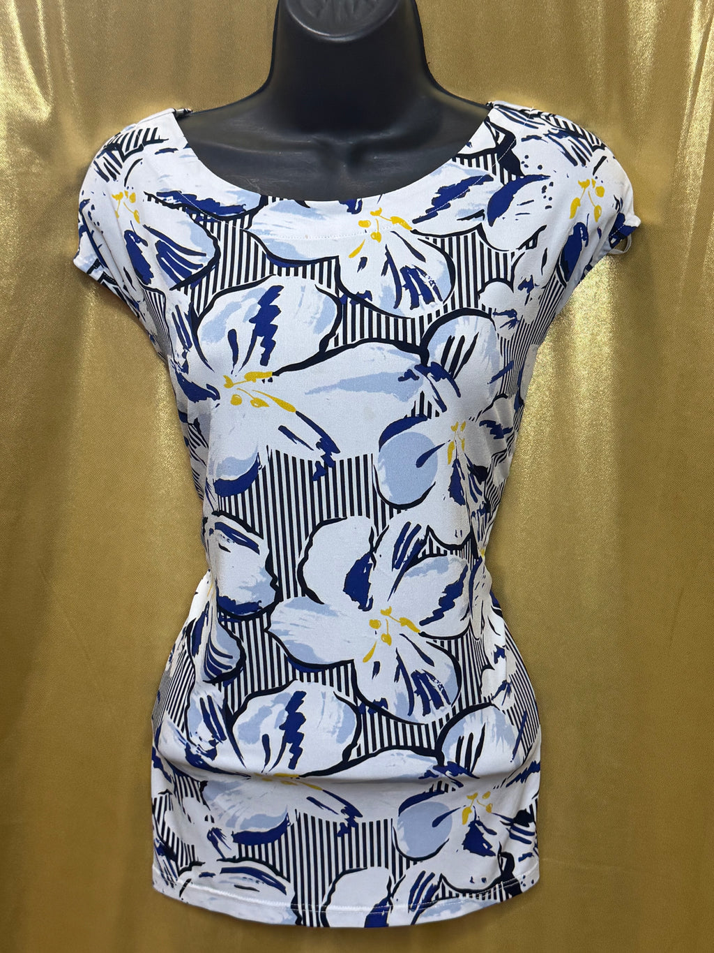Jules & Leopold Blue Floral Striped Top Size L | Made in Canada Spandex Blend
