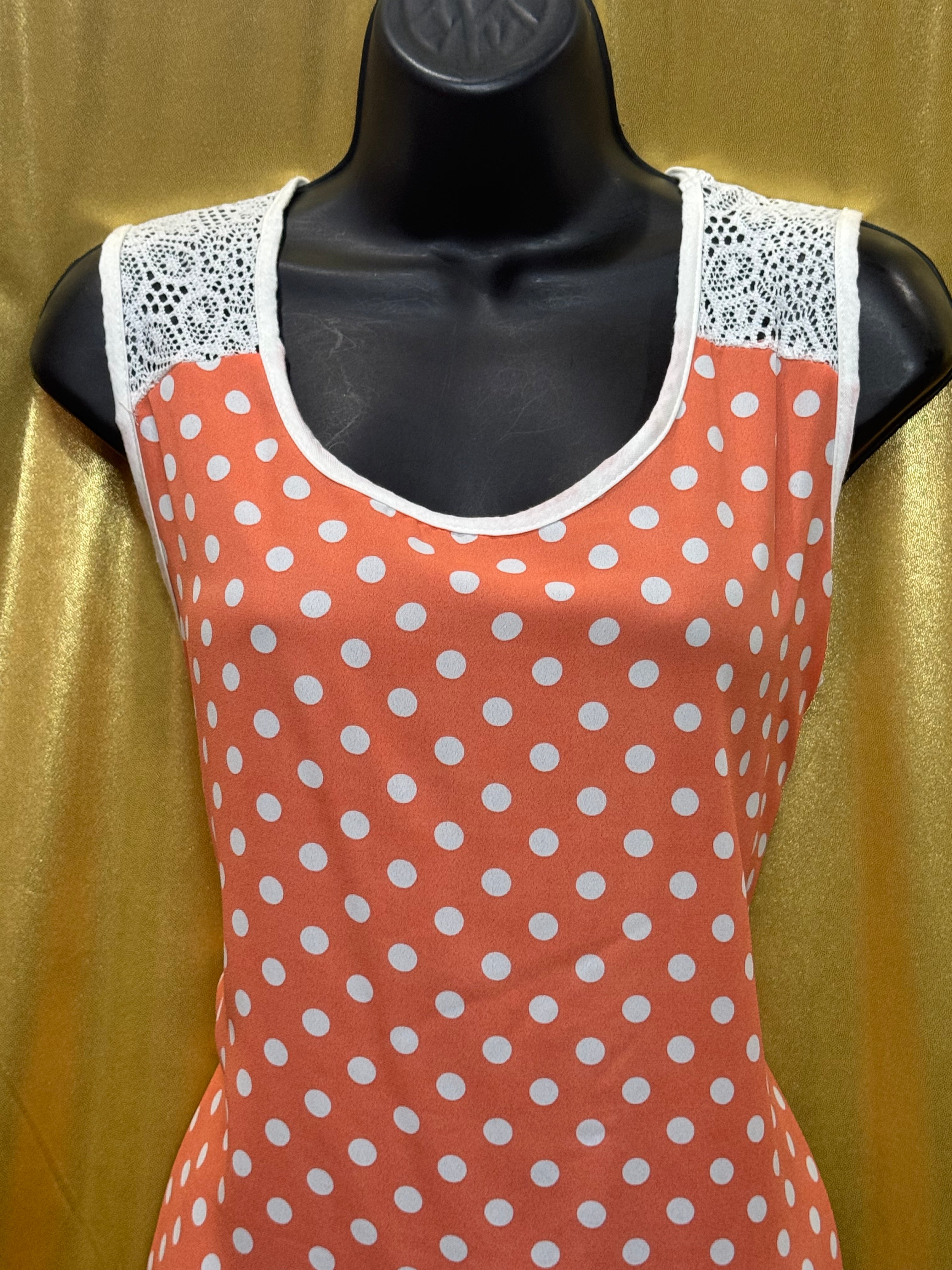 Claudia Richard Coral Polka Dot Tank Top Lace Shoulder Accents Size L USA Made