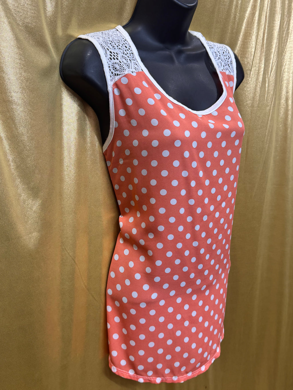 Claudia Richard Coral Polka Dot Tank Top Lace Shoulder Accents Size L USA Made