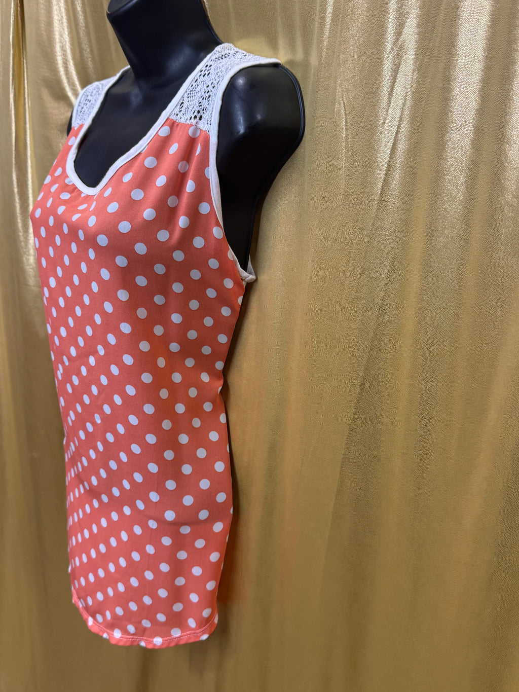 Claudia Richard Coral Polka Dot Tank Top Lace Shoulder Accents Size L USA Made