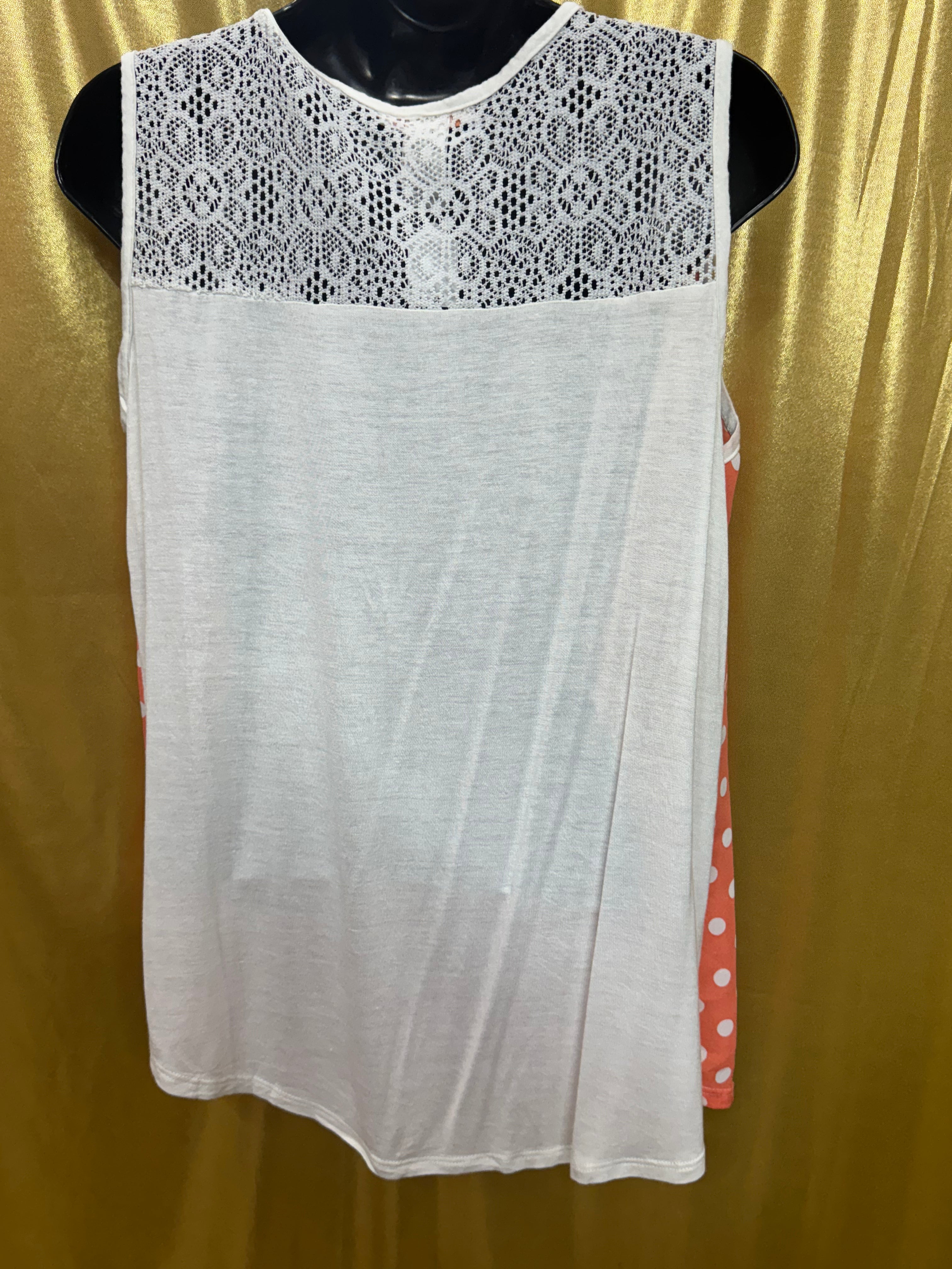 Claudia Richard Coral Polka Dot Tank Top Lace Shoulder Accents Size L USA Made