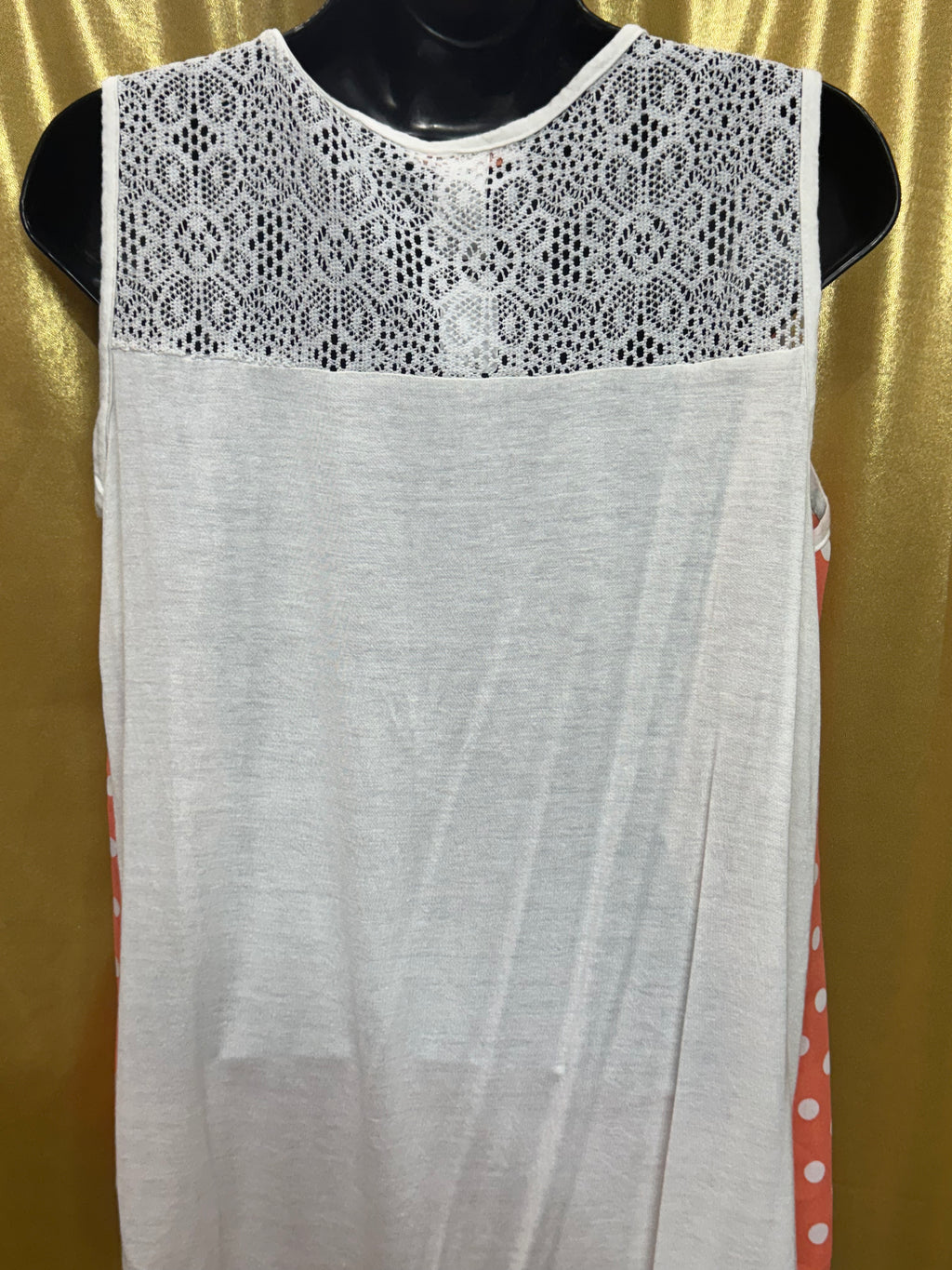 Claudia Richard Coral Polka Dot Tank Top Lace Shoulder Accents Size L USA Made