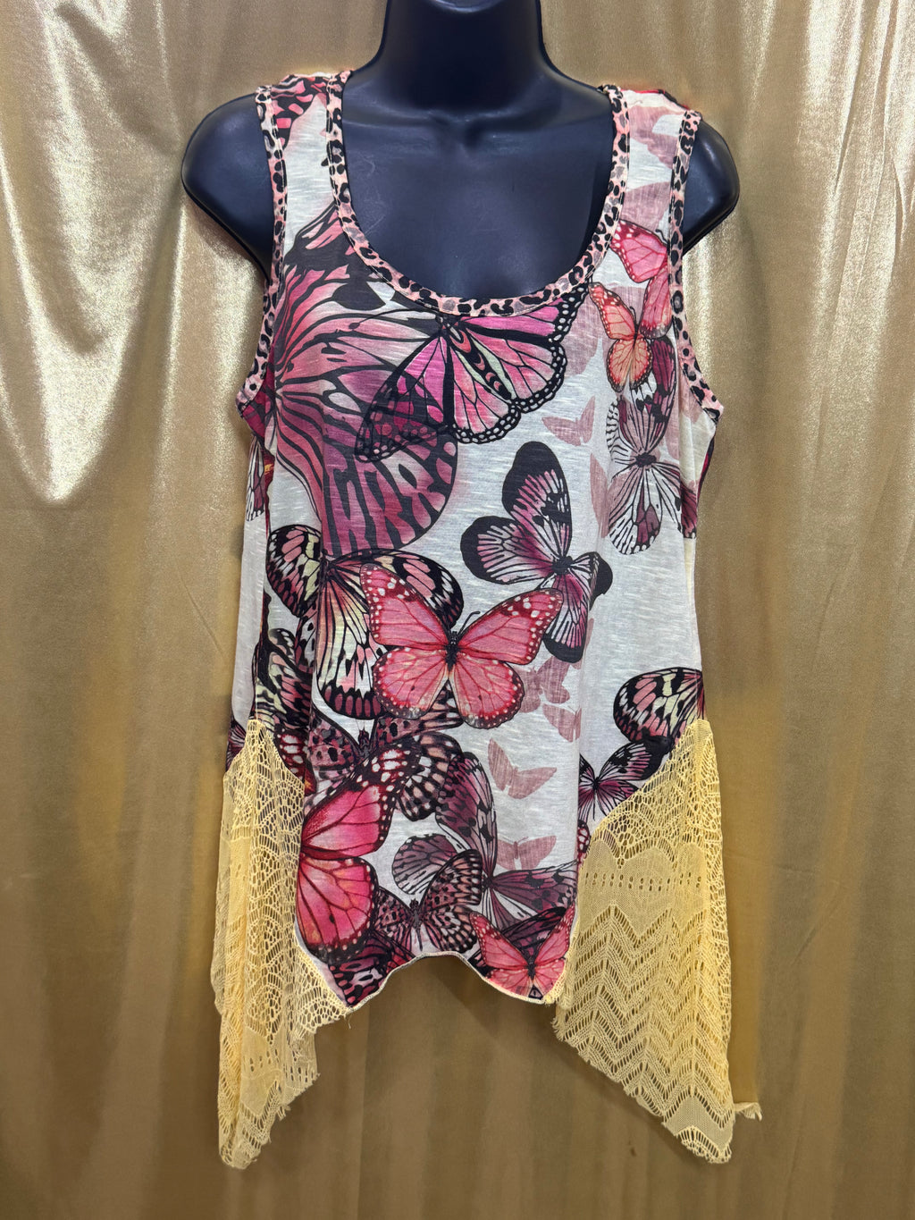 Live and Let Live Butterfly Lace Asymmetric Tank Top Size L