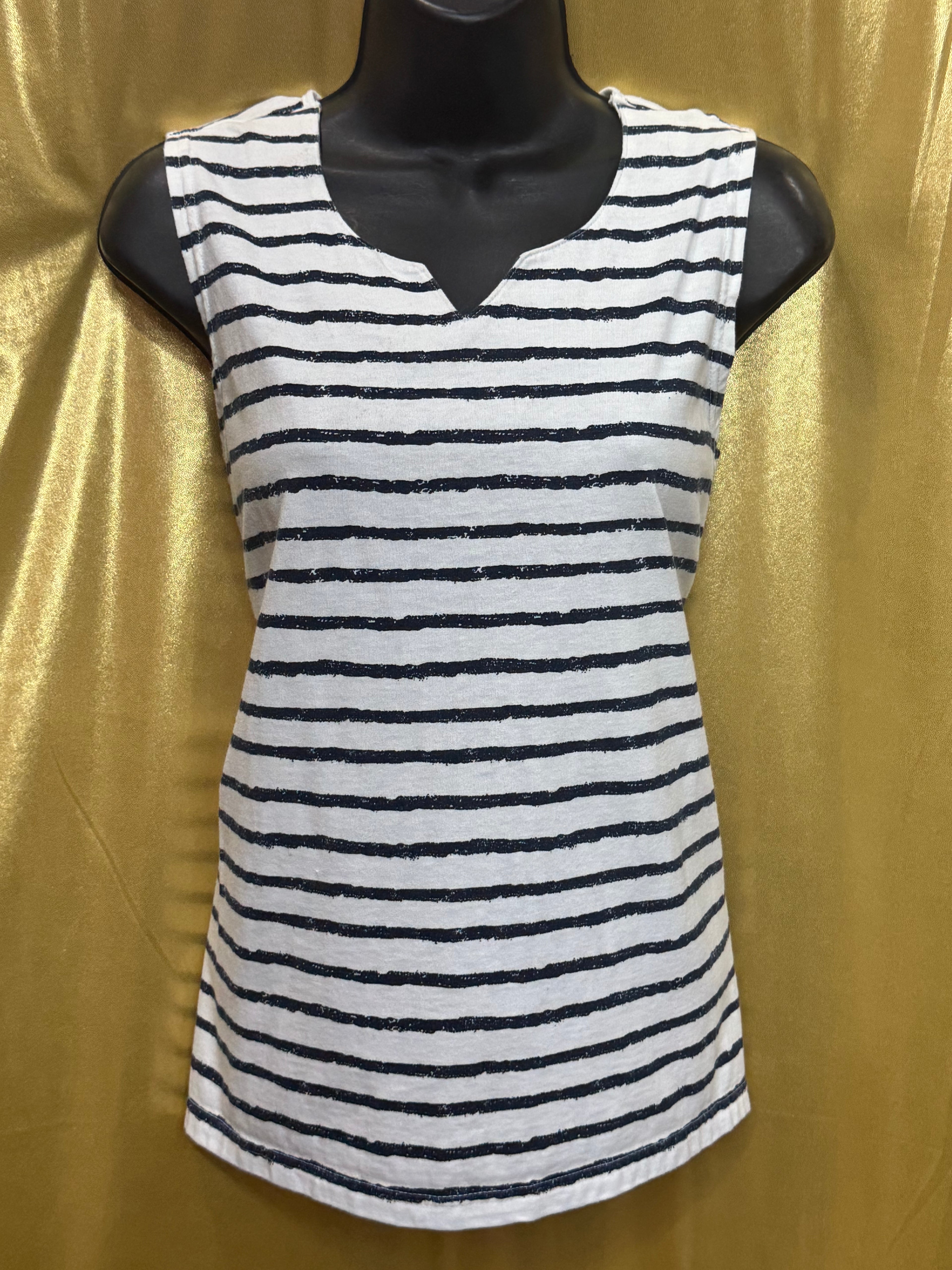Allison Whitmore Striped V-Neck Tank Top Size Large White Black Cotton Blend