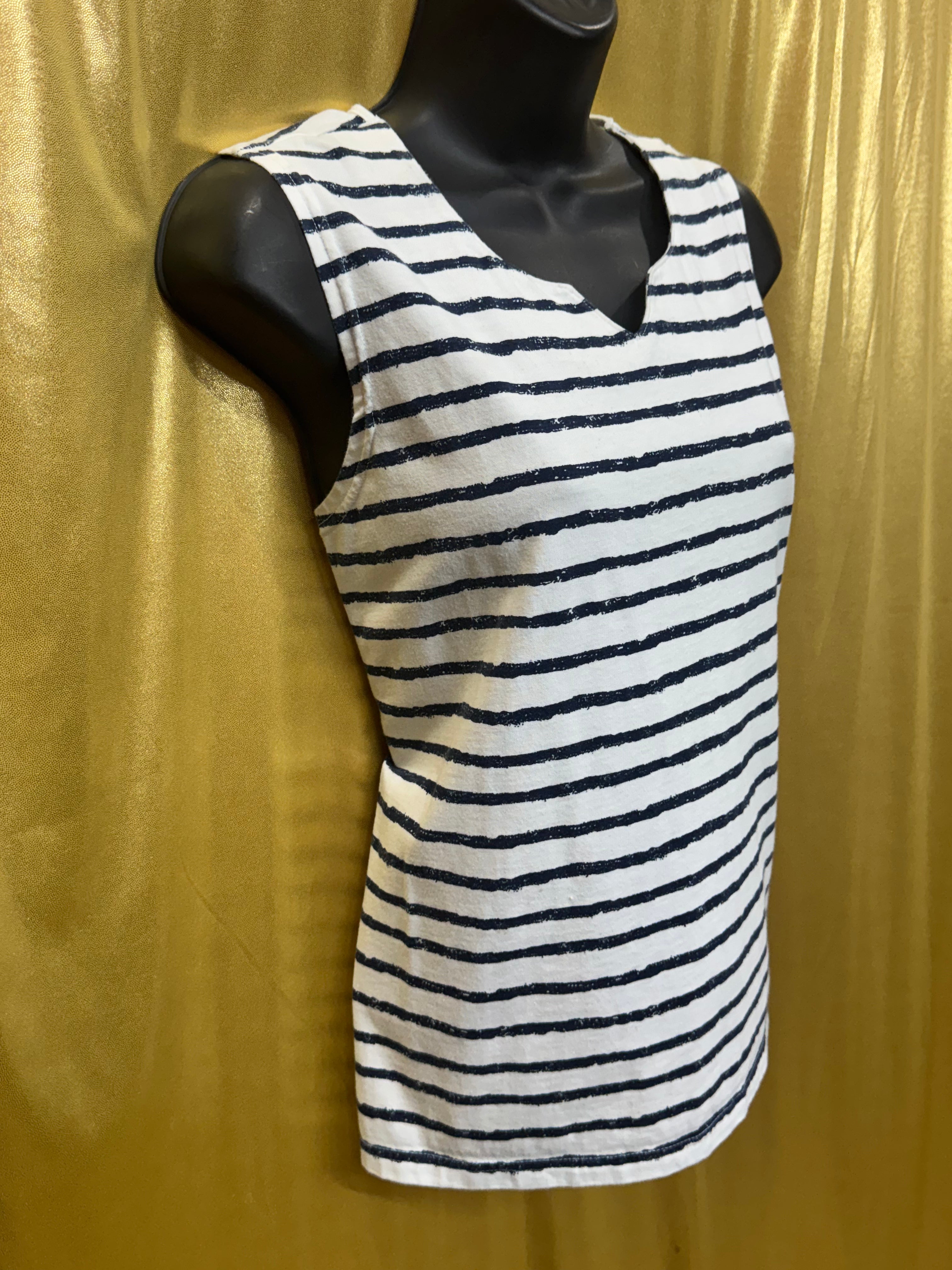 Allison Whitmore Striped V-Neck Tank Top Size Large White Black Cotton Blend