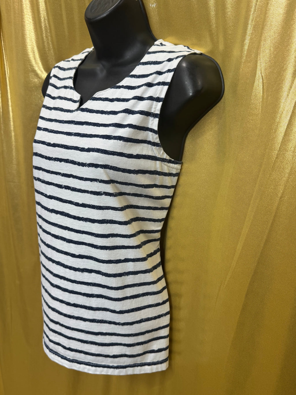 Allison Whitmore Striped V-Neck Tank Top Size Large White Black Cotton Blend