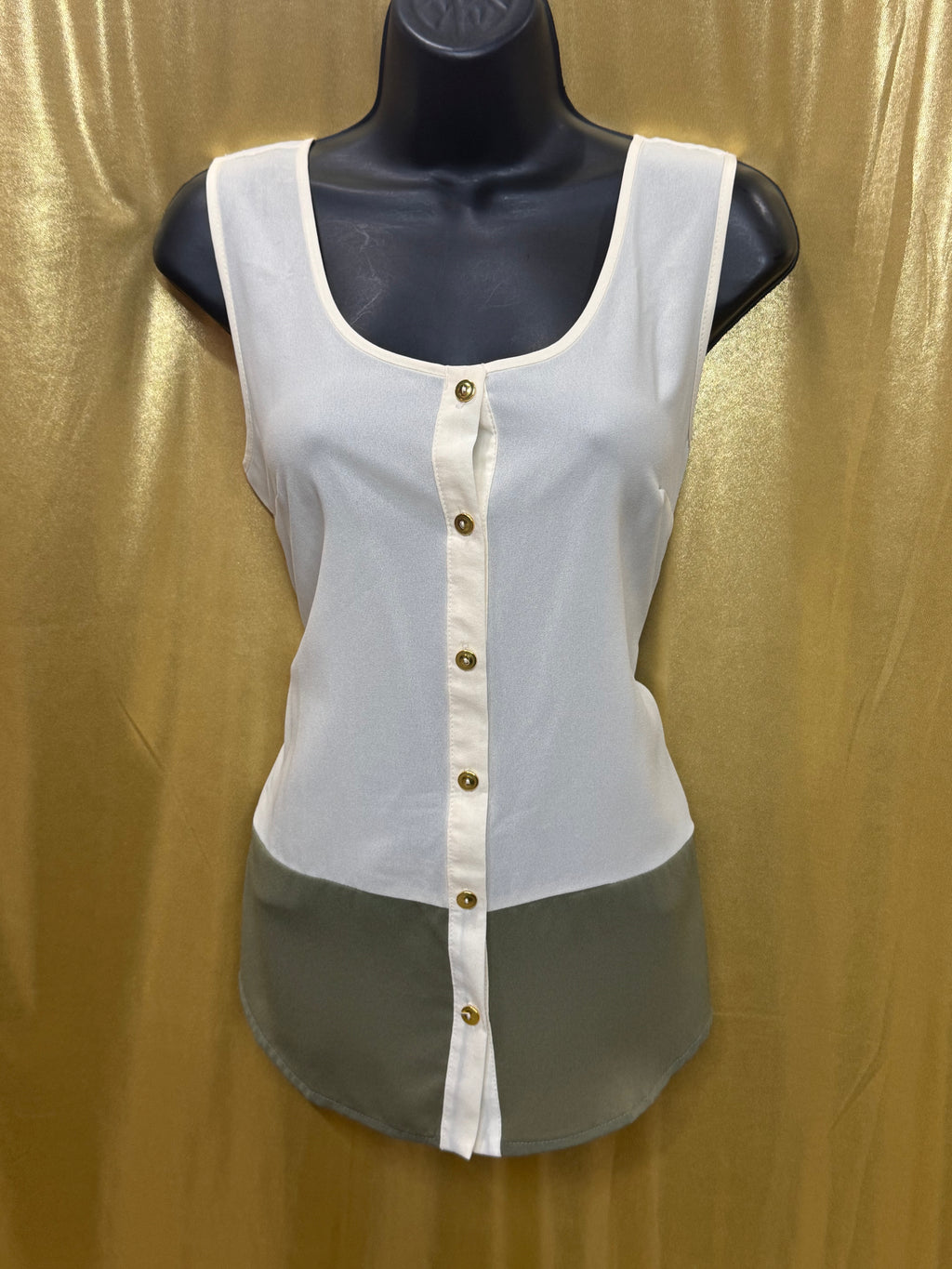 PEARL Cream & Olive Green Colorblock Sleeveless Top - Size Large