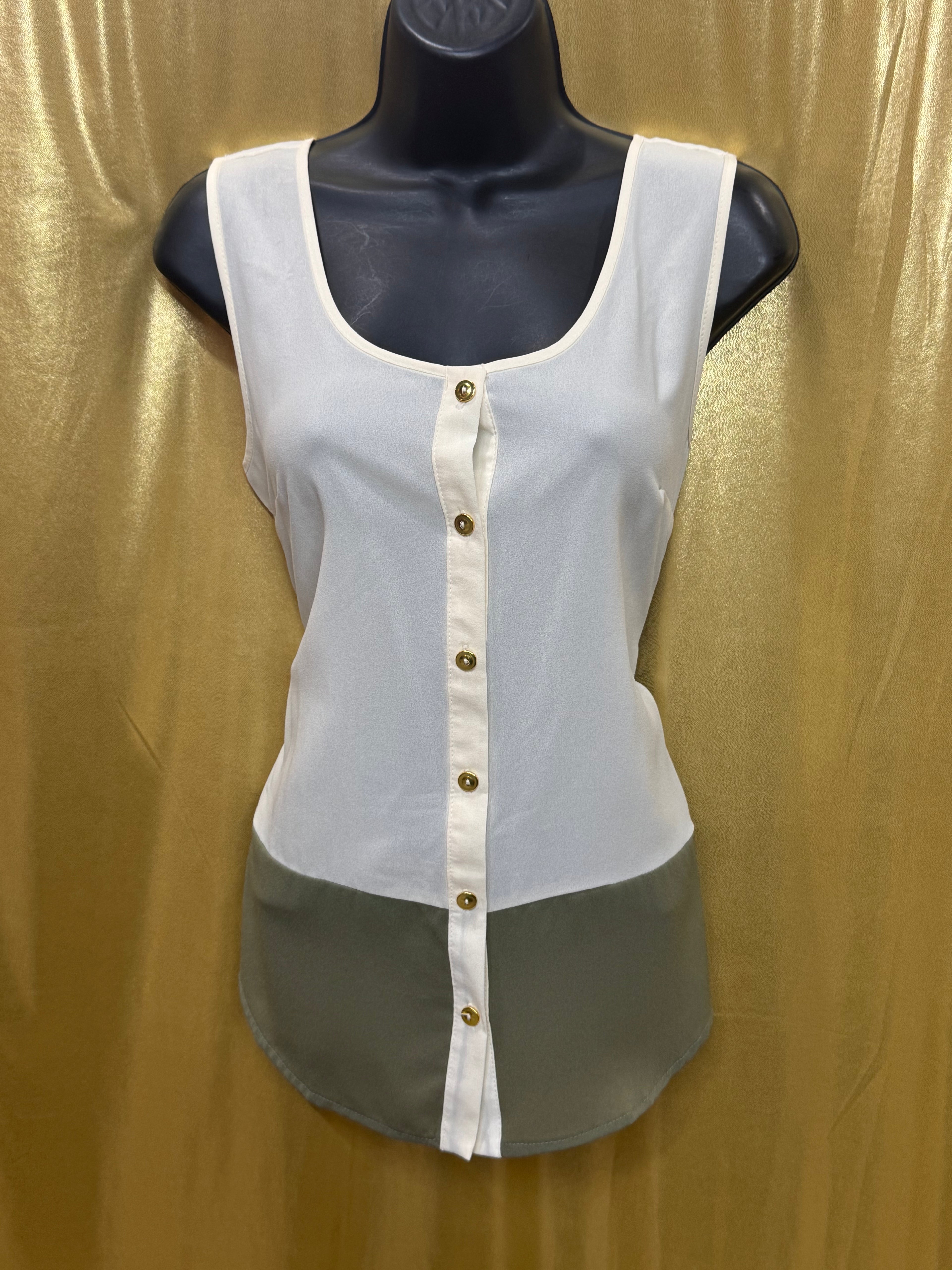 PEARL Cream & Olive Green Colorblock Sleeveless Top - Size Large