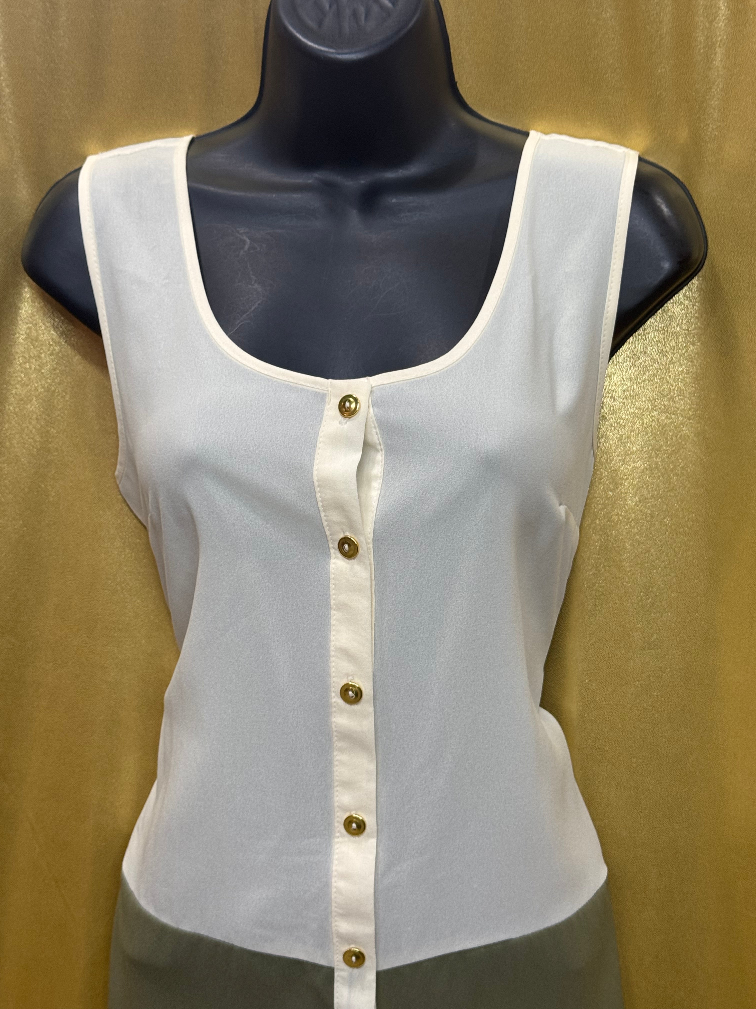 PEARL Cream & Olive Green Colorblock Sleeveless Top - Size Large