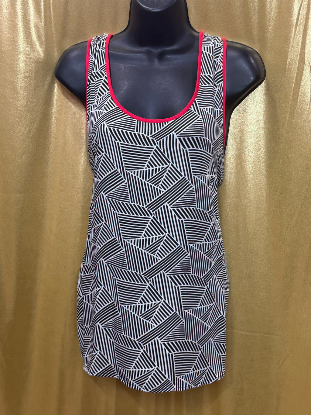 DR2 Geometric Print Tank Top Size L Black White Red Trim