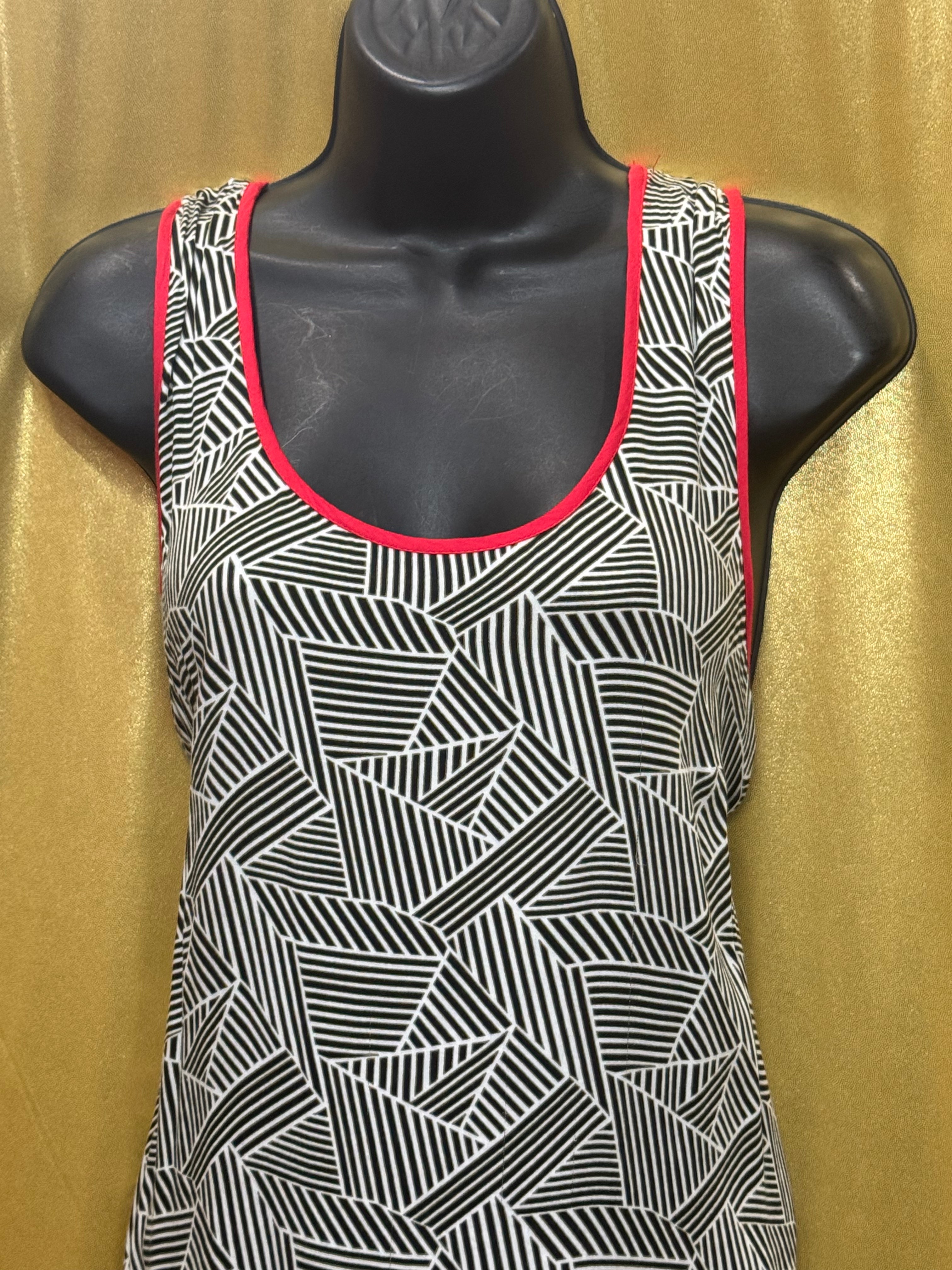 DR2 Geometric Print Tank Top Size L Black White Red Trim