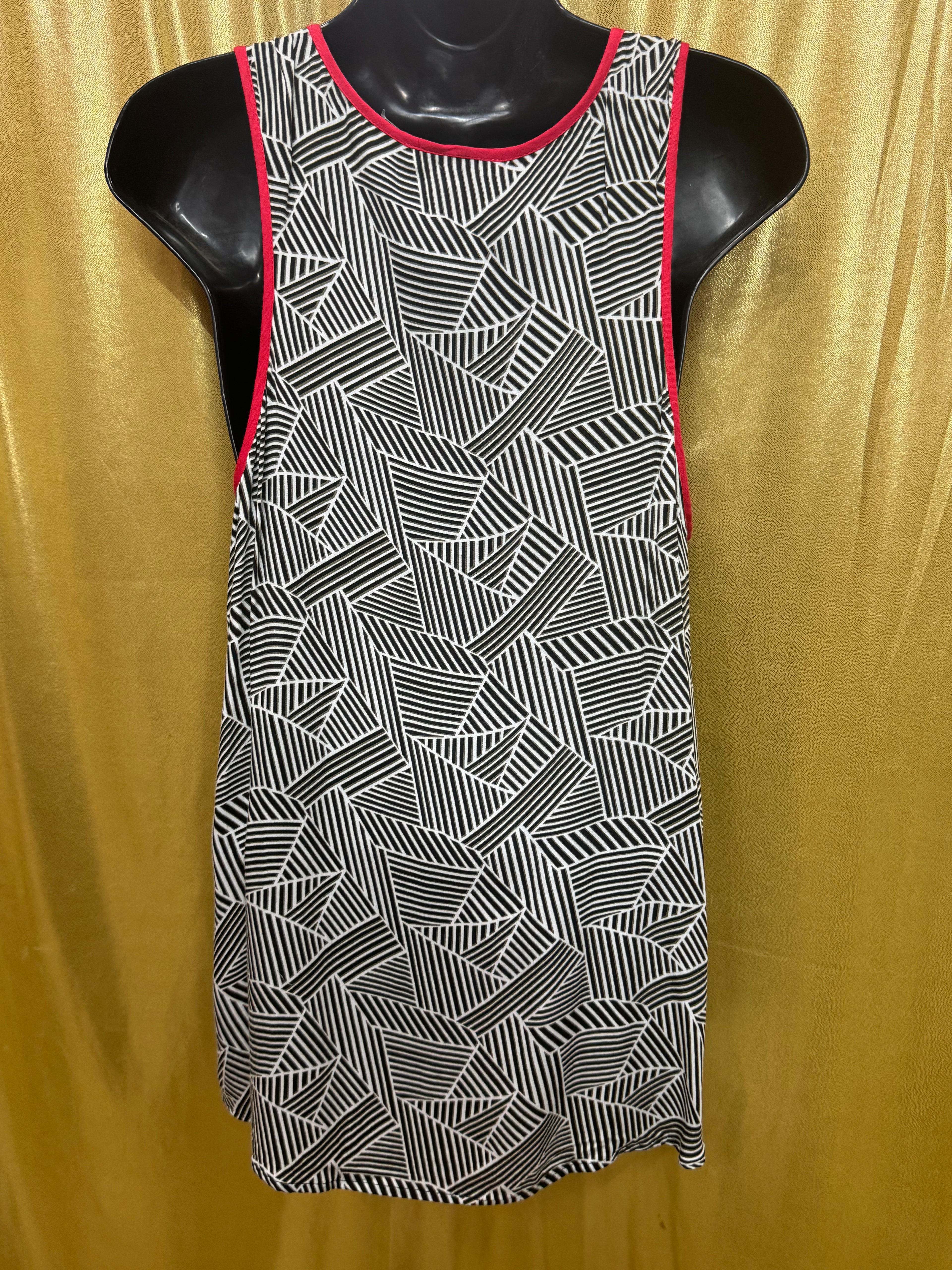 DR2 Geometric Print Tank Top Size L Black White Red Trim