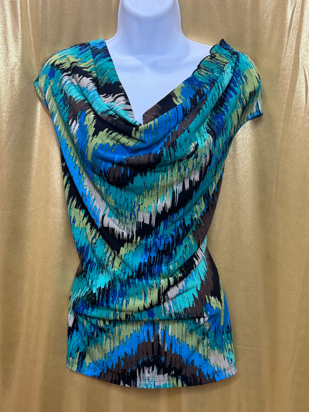 East 5th Abstract Cowl Neck Top Size L Teal Blue Brown Sleeveless Blouse