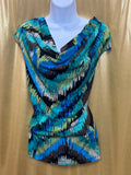 East 5th Abstract Cowl Neck Top Size L Teal Blue Brown Sleeveless Blouse